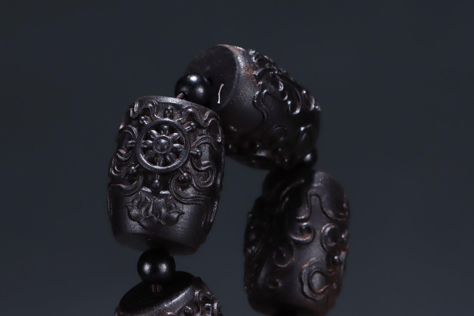 Vintage Chinese Agarwood Carving Dzi Guanyin Beads Bracelets Pair For Sale 1