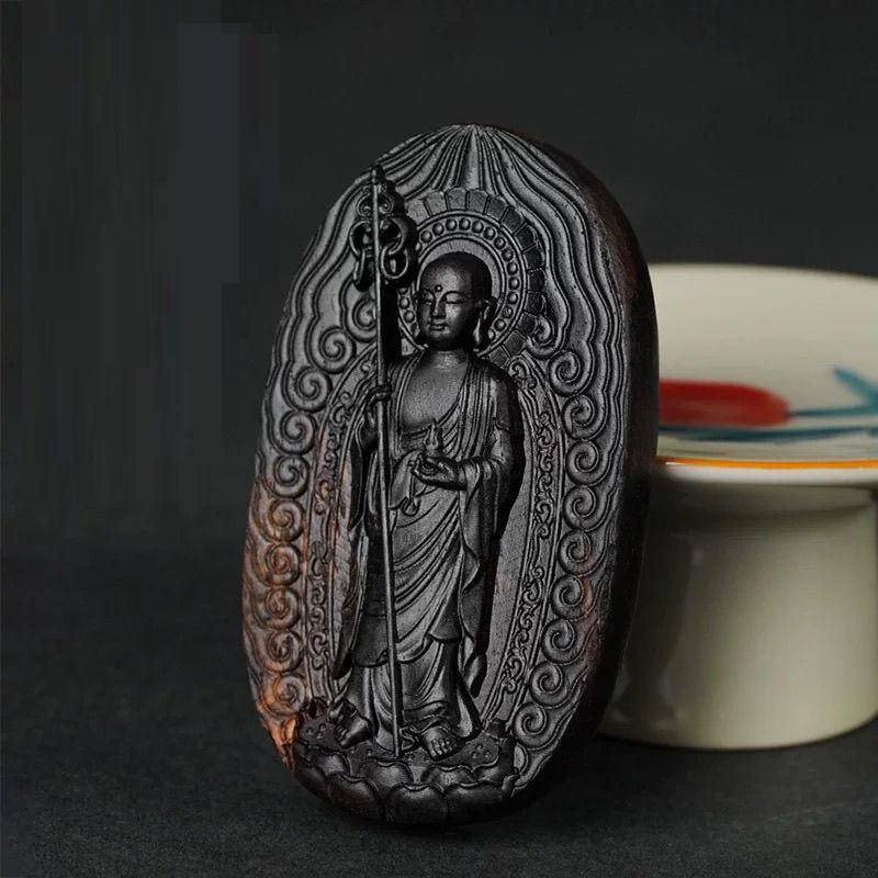 Vintage Chinese Agarwood Schnitzerei Kṣitigarbha Bodhisattva Anhänger im Zustand „Relativ gut“ im Angebot in 景德镇市, CN