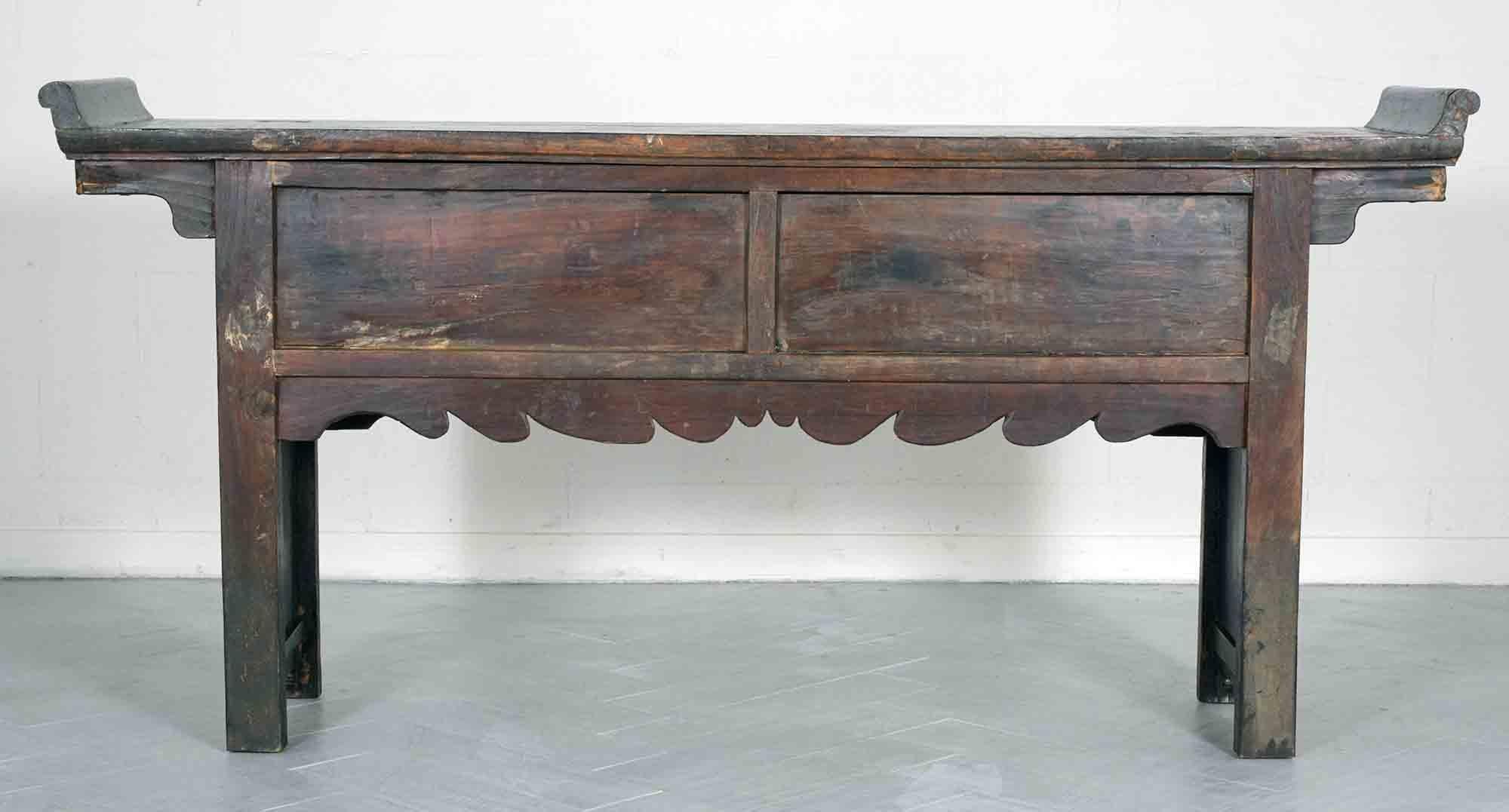 Restored 1900s Vintage Chinese Elm Wood Altar Console with Carved Details For Sale 6