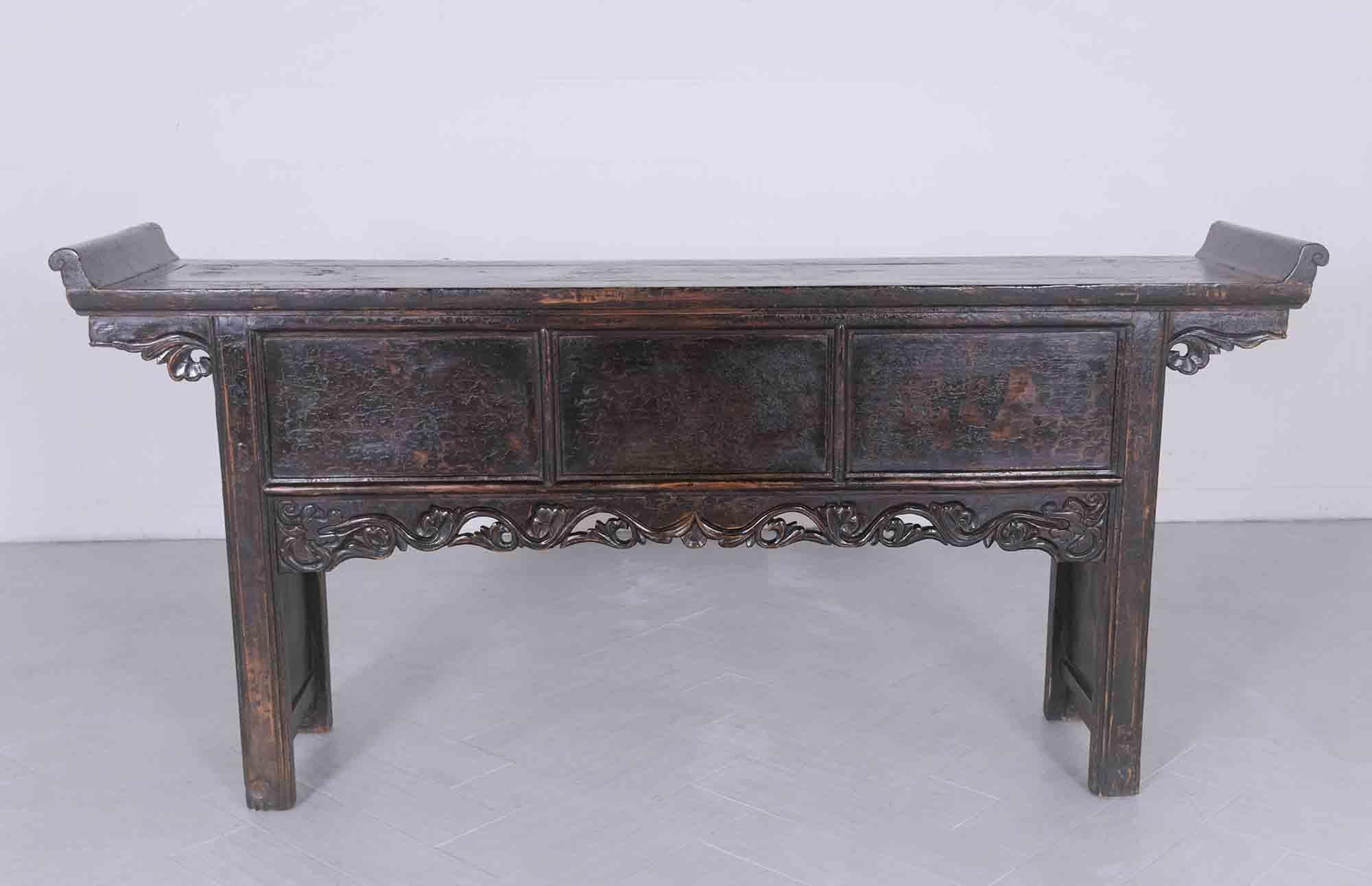 Chinese Export Restored 1900s Vintage Chinese Elm Wood Altar Console with Carved Details For Sale