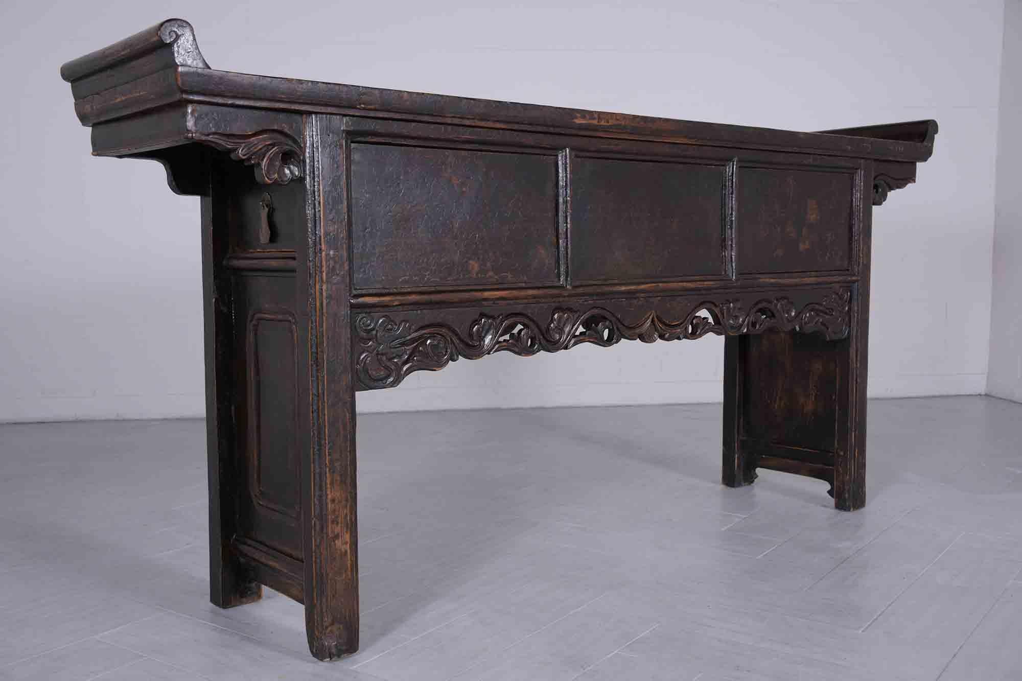 Painted Restored 1900s Vintage Chinese Elm Wood Altar Console with Carved Details For Sale