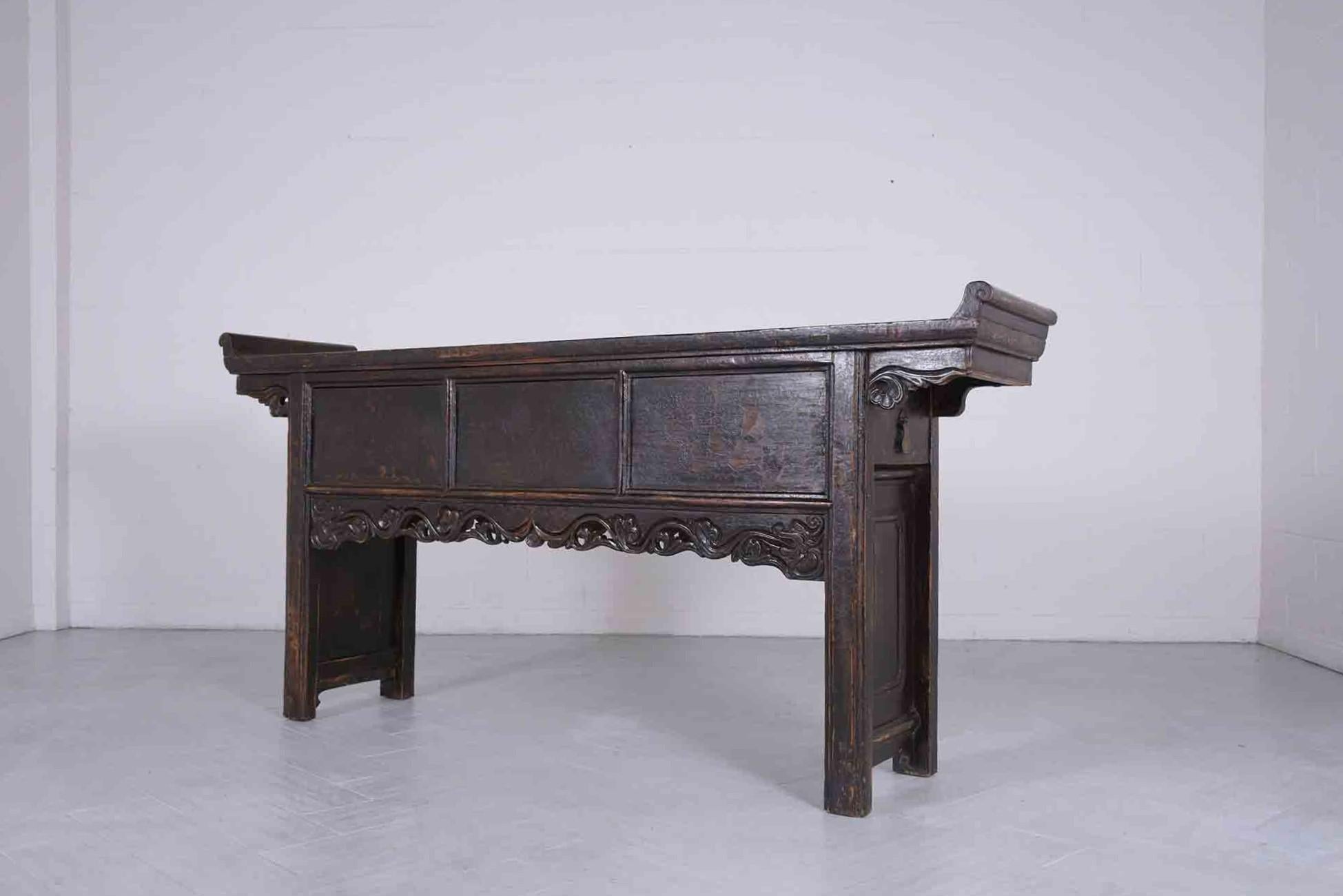 Restored 1900s Vintage Chinese Elm Wood Altar Console with Carved Details In Good Condition For Sale In Los Angeles, CA