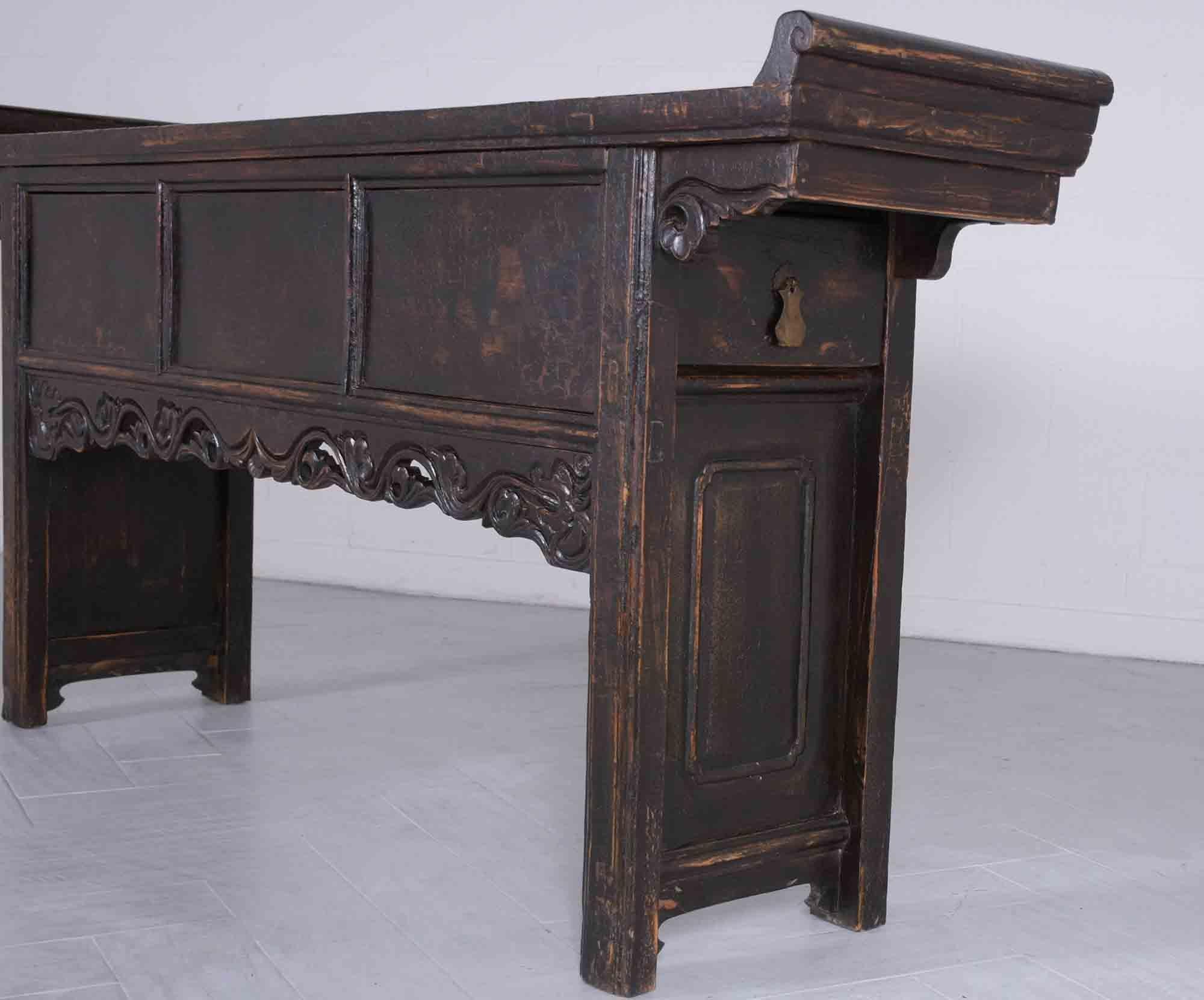 Early 20th Century Restored 1900s Vintage Chinese Elm Wood Altar Console with Carved Details For Sale