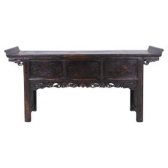 Restored 1900s Vintage Chinese Elm Wood Altar Console with Carved Details