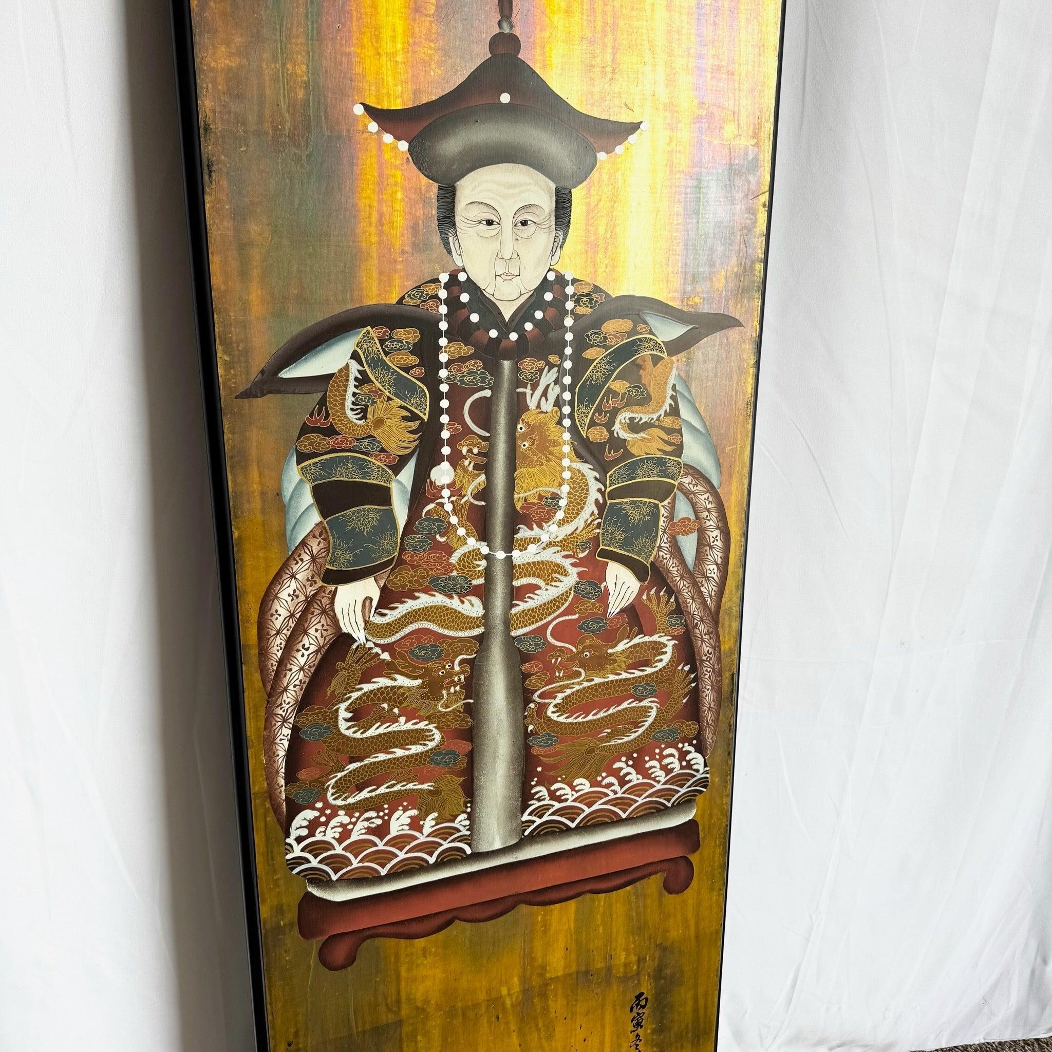 Retrato de antepasado chino vintage sobre panel de madera Chino en venta