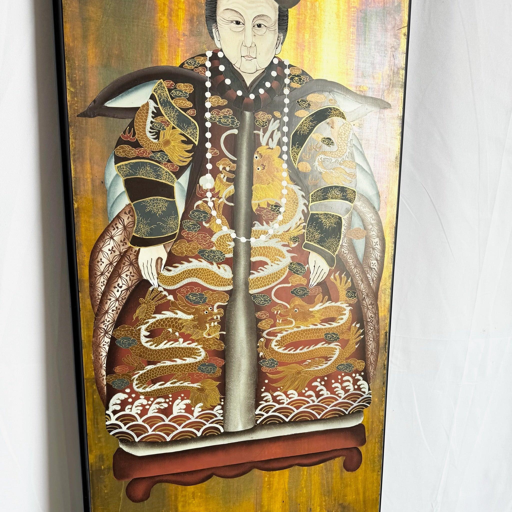 Retrato de antepasado chino vintage sobre panel de madera en Bueno estado para la venta en Delray Beach, FL