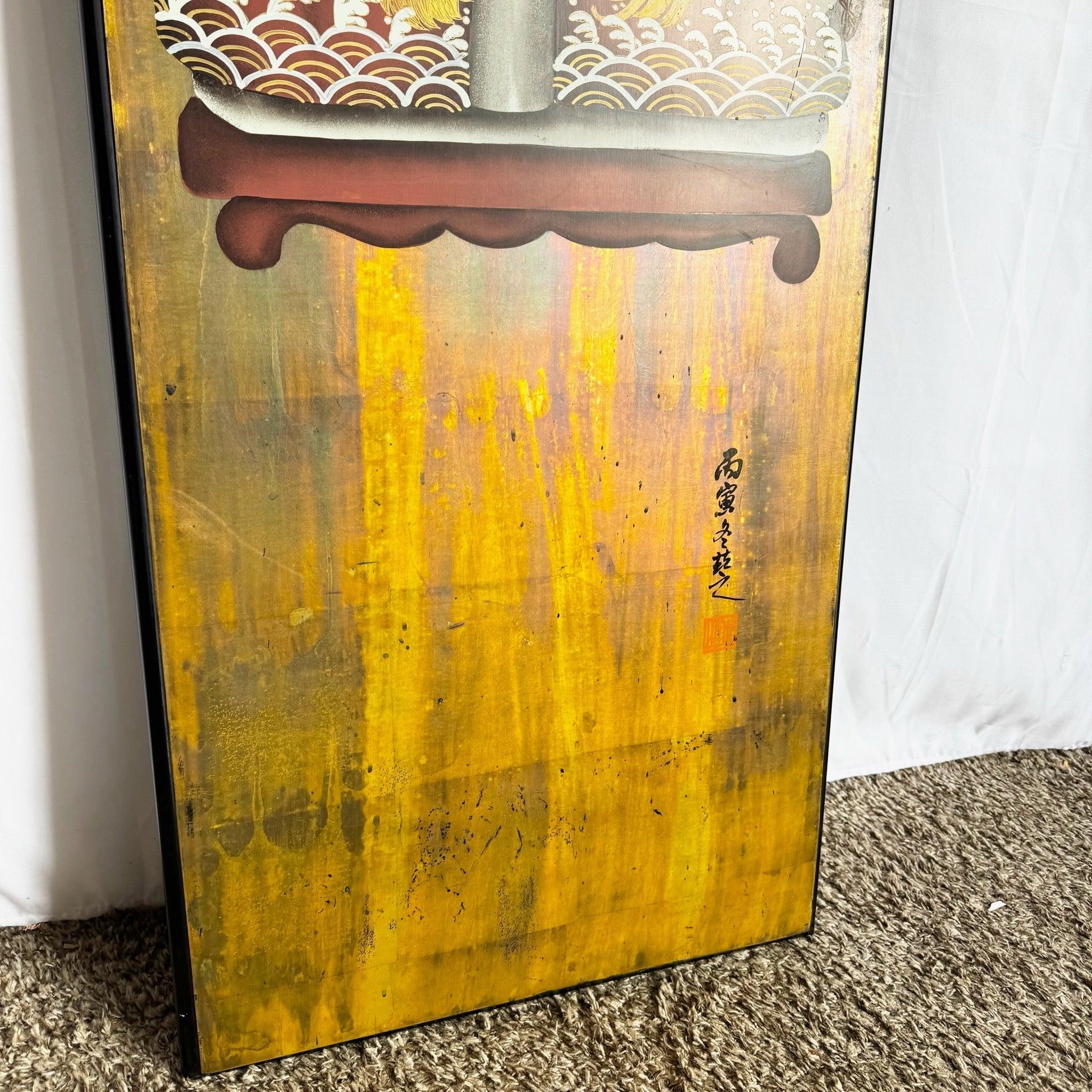 Retrato de antepasado chino vintage sobre panel de madera finales del siglo XX en venta