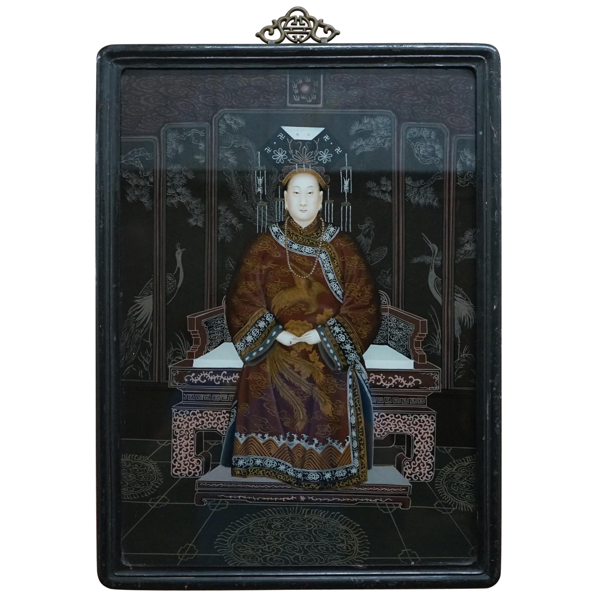 Vintage Chinese Ancestral Portrait Hand Painted Glass a Window to Another Time