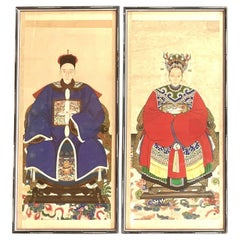 Vintage Chinese Ancestral Portraits on Paper - Set of 2