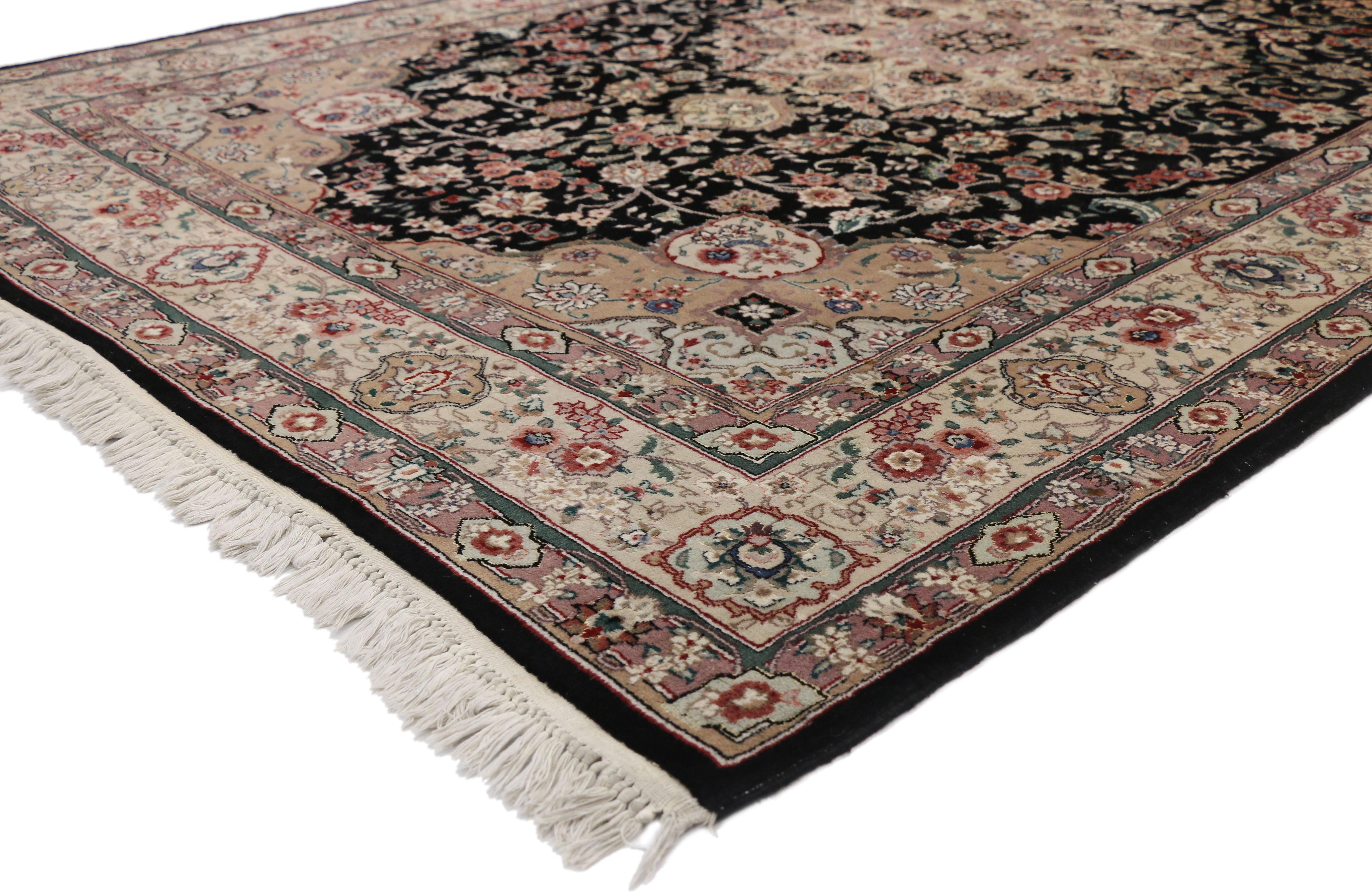 77329, vintage Chinese area rug with Persian Tabriz design and Regency style. Ravishing and refined, this hand knotted wool and silk vintage Chinese Tabriz Persian style rug features a large-scale cusped circular medallion anchored with palmette