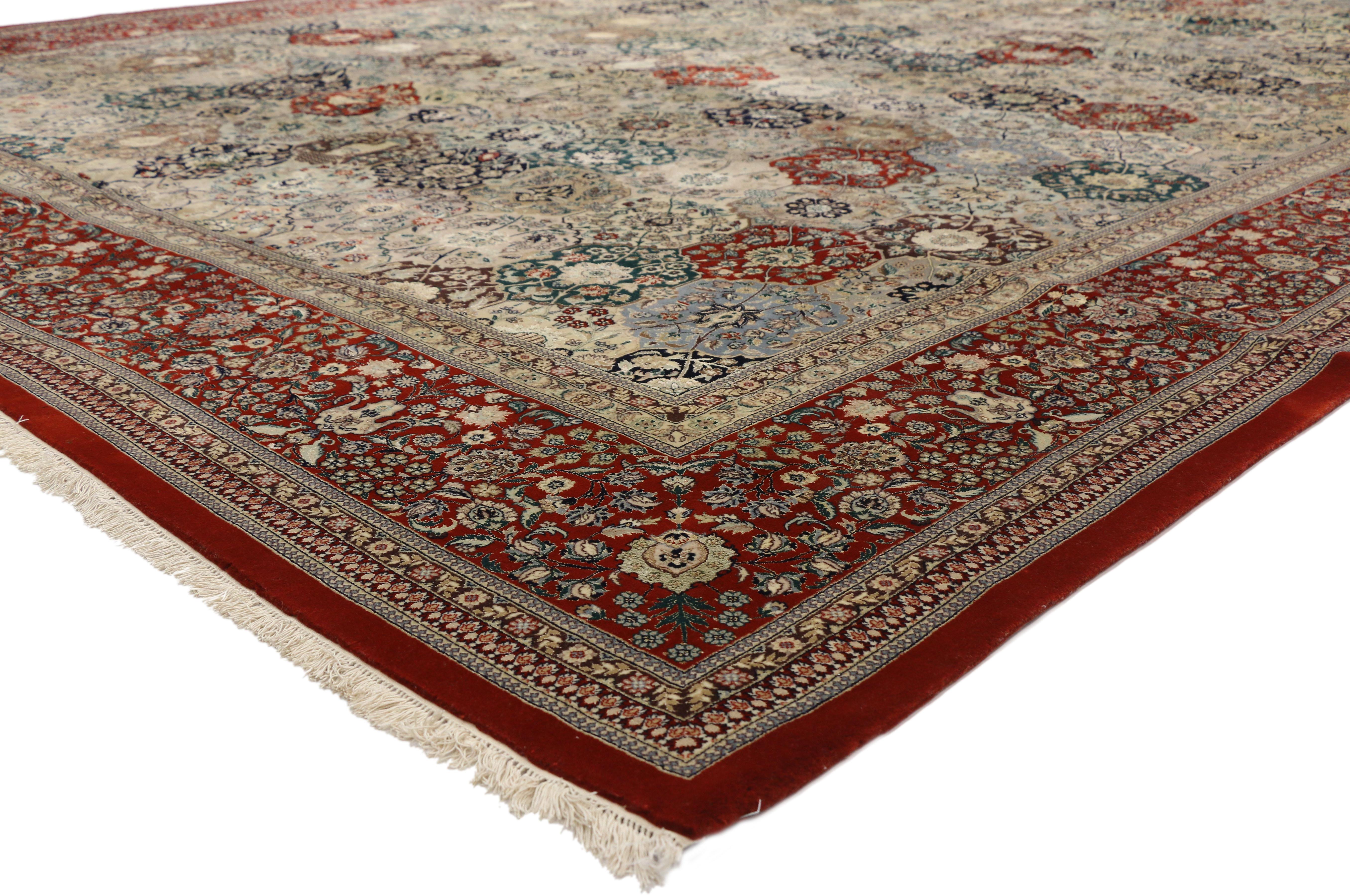 74848 Vintage Wool and Silk Chinese Tabriz Rug, 11’01 x 16’00. Chinese Tabriz rugs are intricately designed carpets that draw inspiration from the traditional Tabriz rugs of Iran. They are typically handcrafted in China, often in regions known for