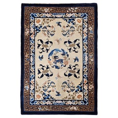 Vintage Chinese Art Deco Area Rug, Hand-Knotted Wool Pile, Ivory Field, 5' x 7'