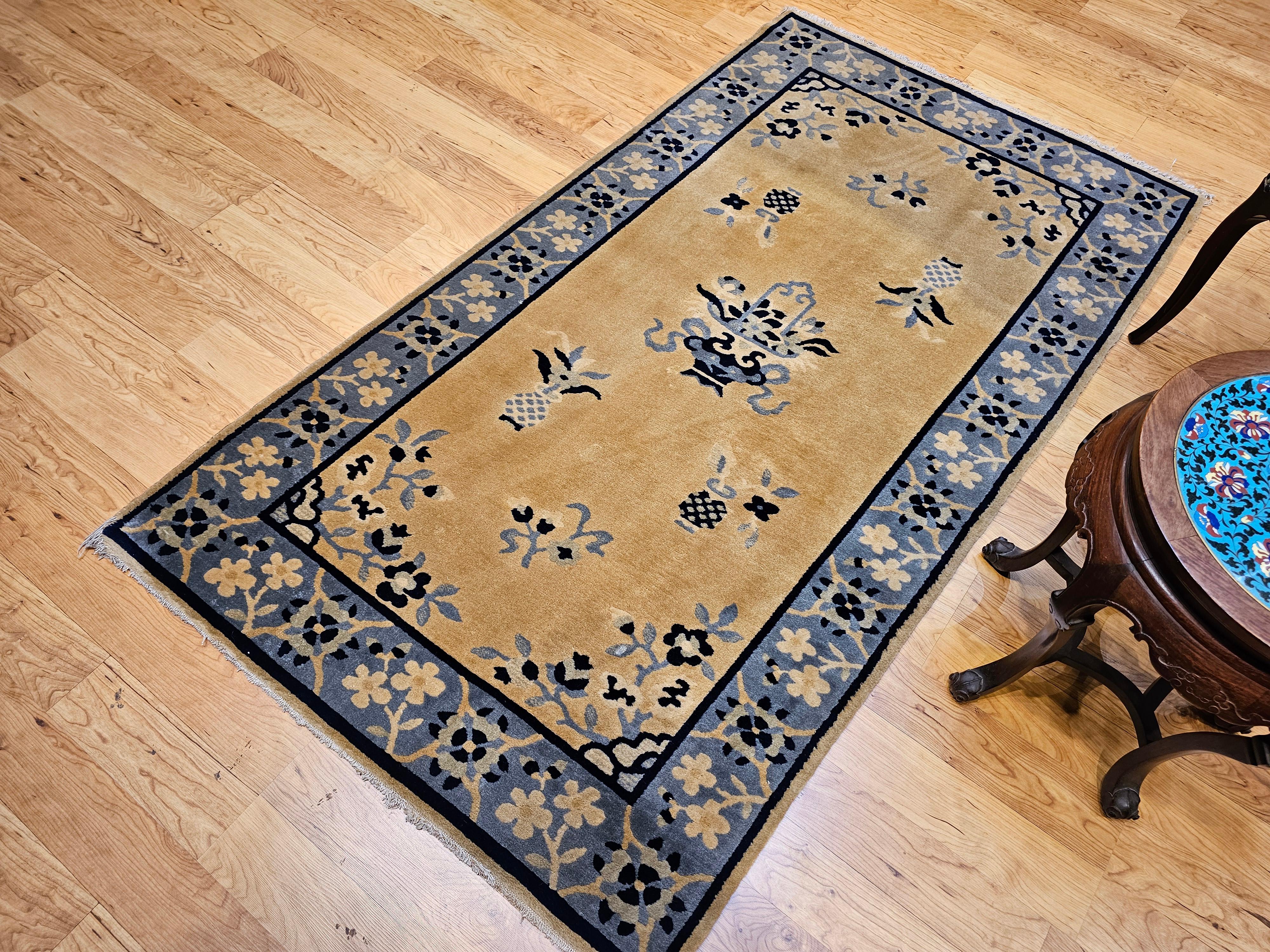 Vintage Chinese Art Deco Rug – Tan Field with Baby Blue Floral Border For Sale 4