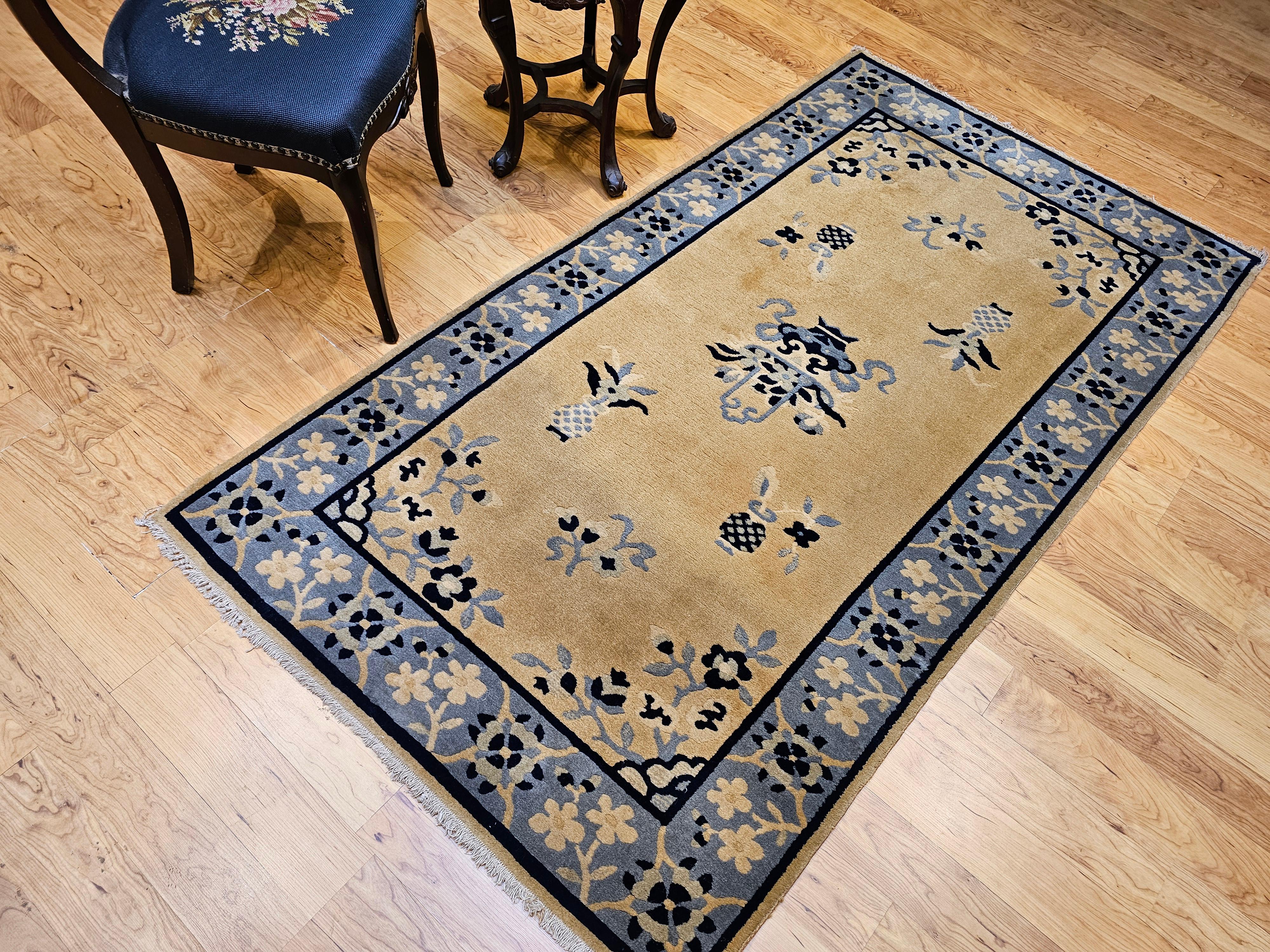 Vintage Chinese Art Deco Rug – Tan Field with Baby Blue Floral Border For Sale 6