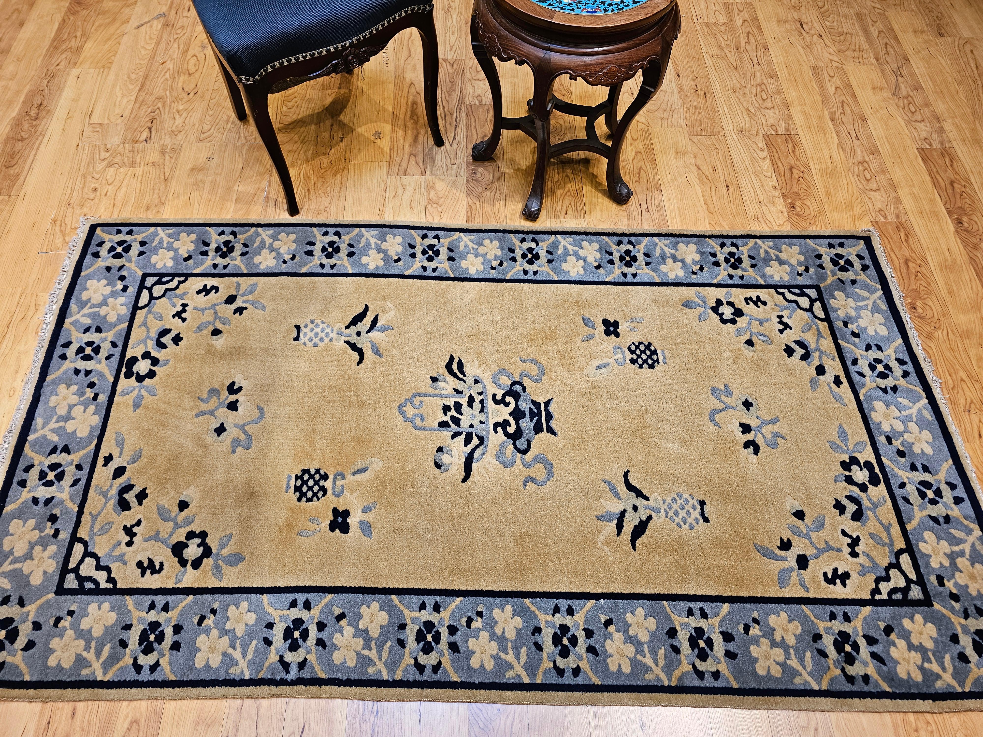 Vintage Chinese Art Deco Rug – Tan Field with Baby Blue Floral Border For Sale 7