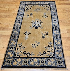 Vintage Chinese Art Deco Rug with Good Fortune Symbols in Tan,  Baby Blue, Navy