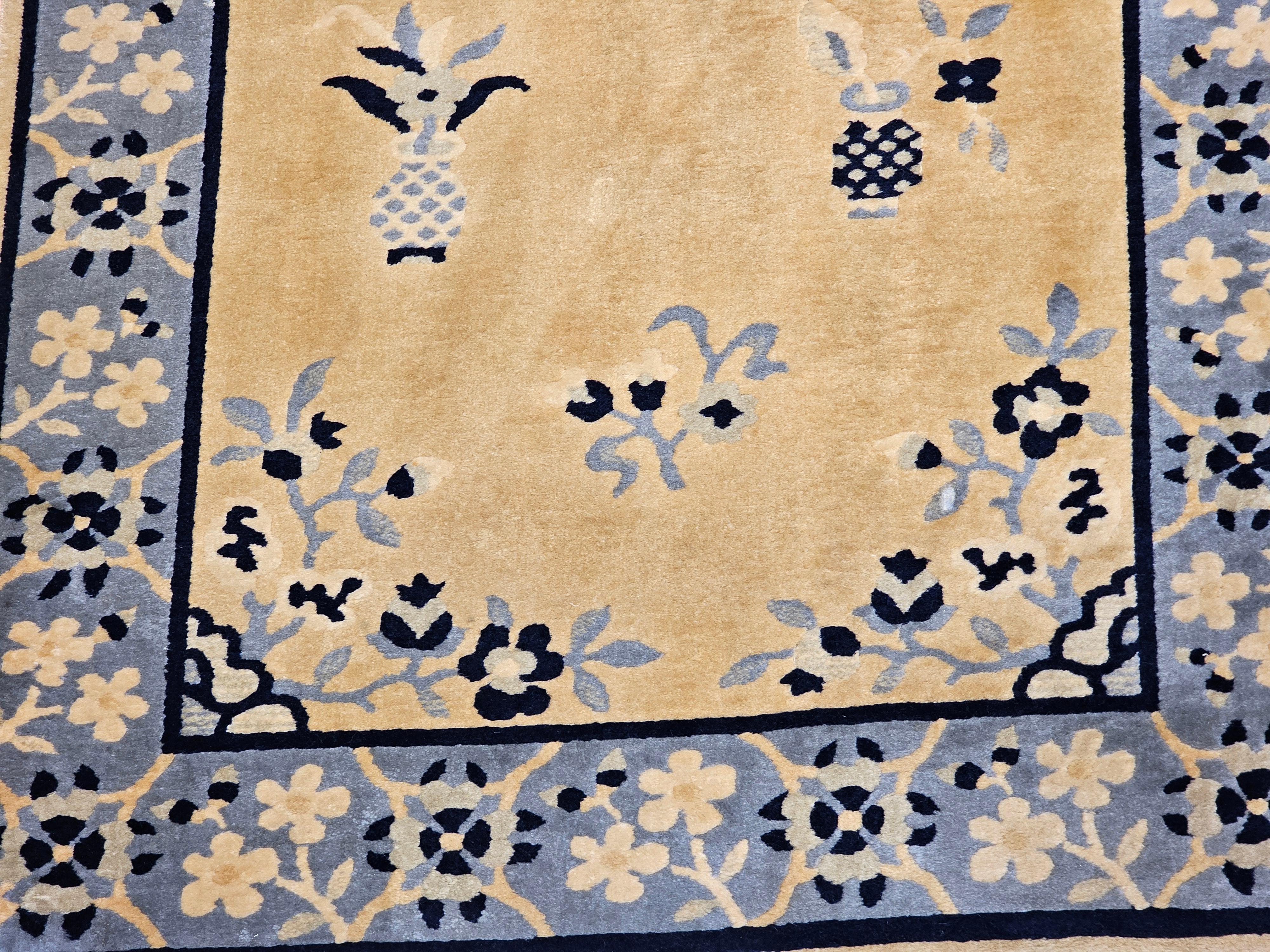 Hand-Woven Vintage Chinese Art Deco Rug – Tan Field with Baby Blue Floral Border For Sale