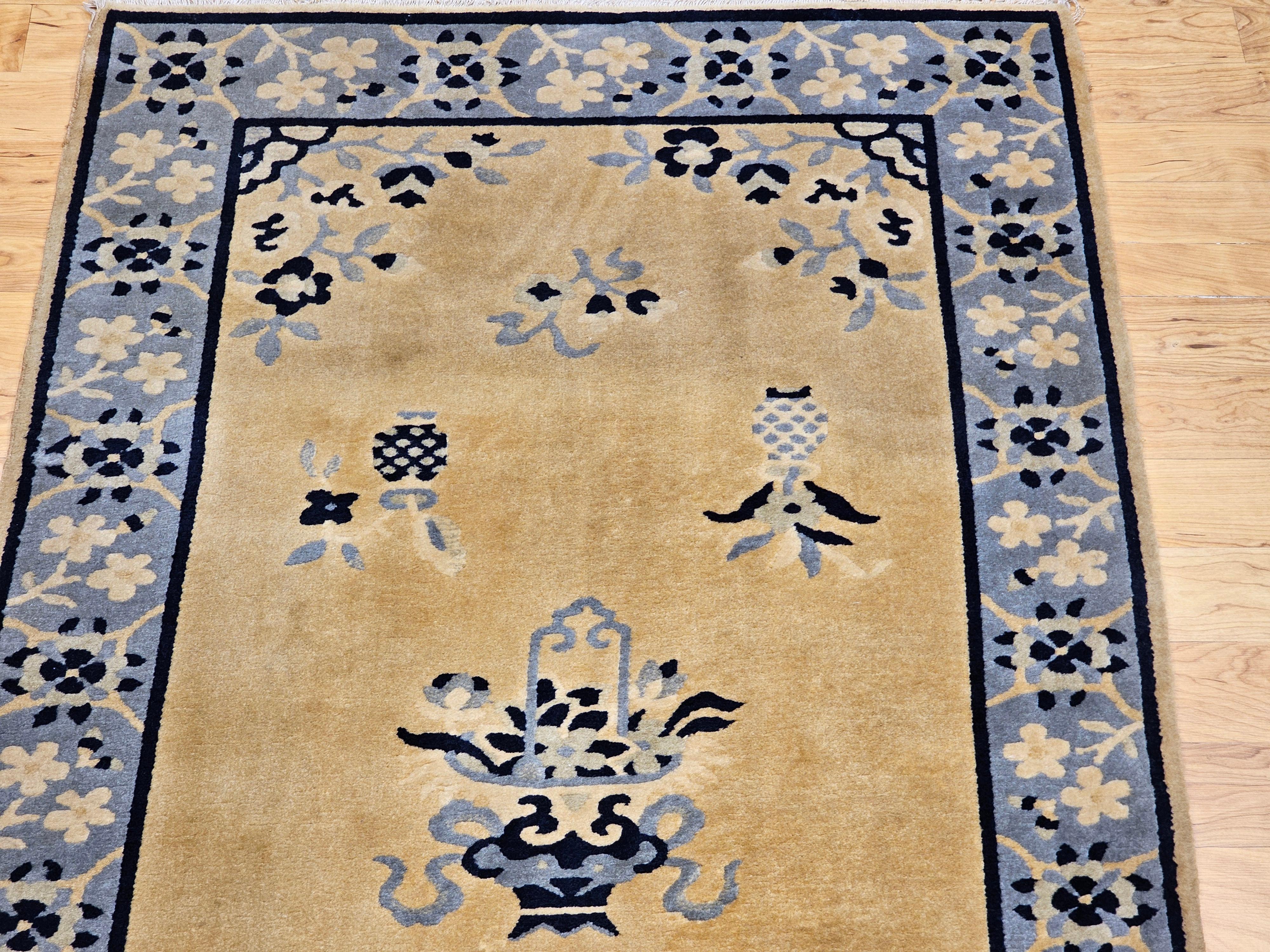 20th Century Vintage Chinese Art Deco Rug – Tan Field with Baby Blue Floral Border For Sale