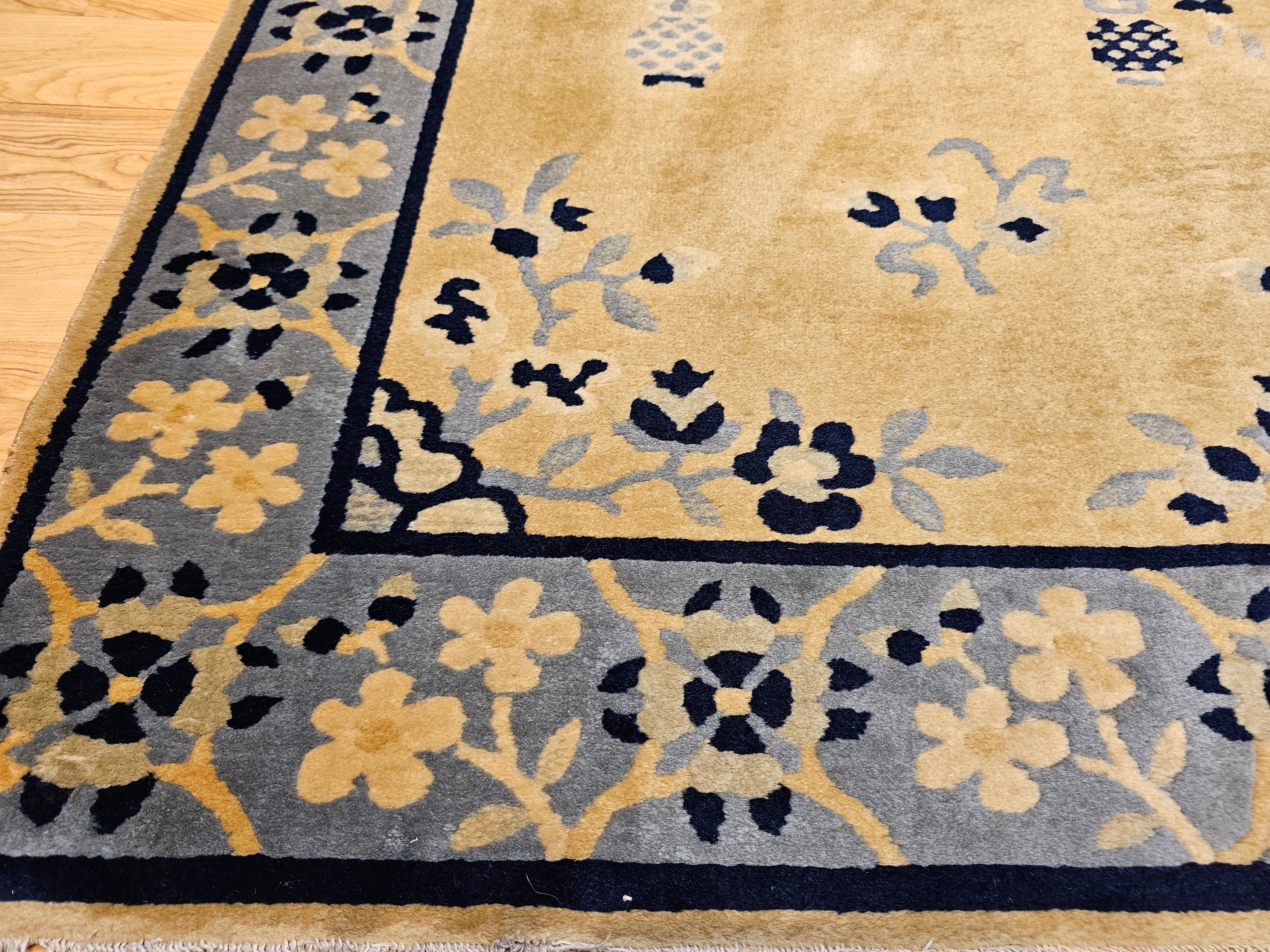 Wool Vintage Chinese Art Deco Rug – Tan Field with Baby Blue Floral Border For Sale