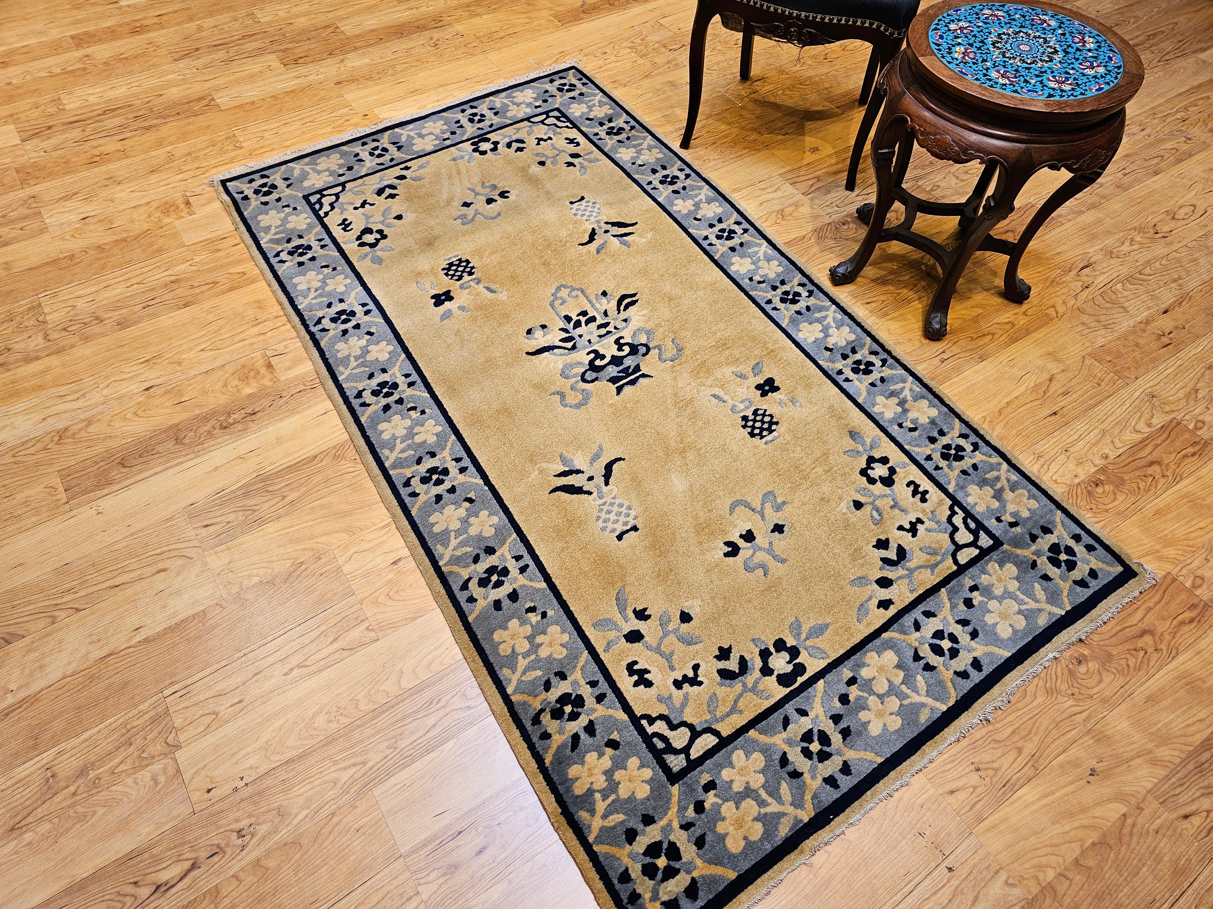 Vintage Chinese Art Deco Rug – Tan Field with Baby Blue Floral Border For Sale 2