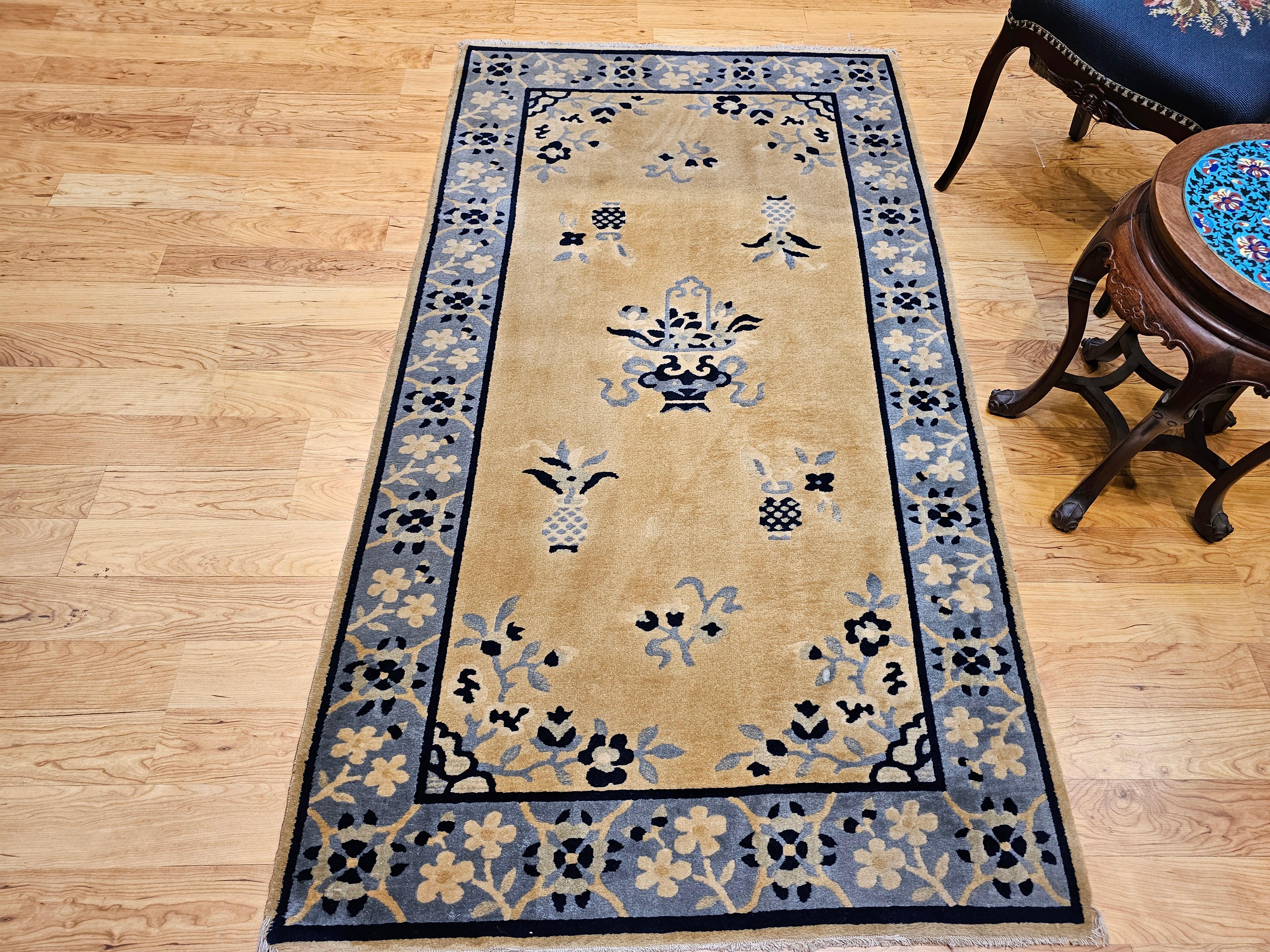 Vintage Chinese Art Deco Rug – Tan Field with Baby Blue Floral Border For Sale 3