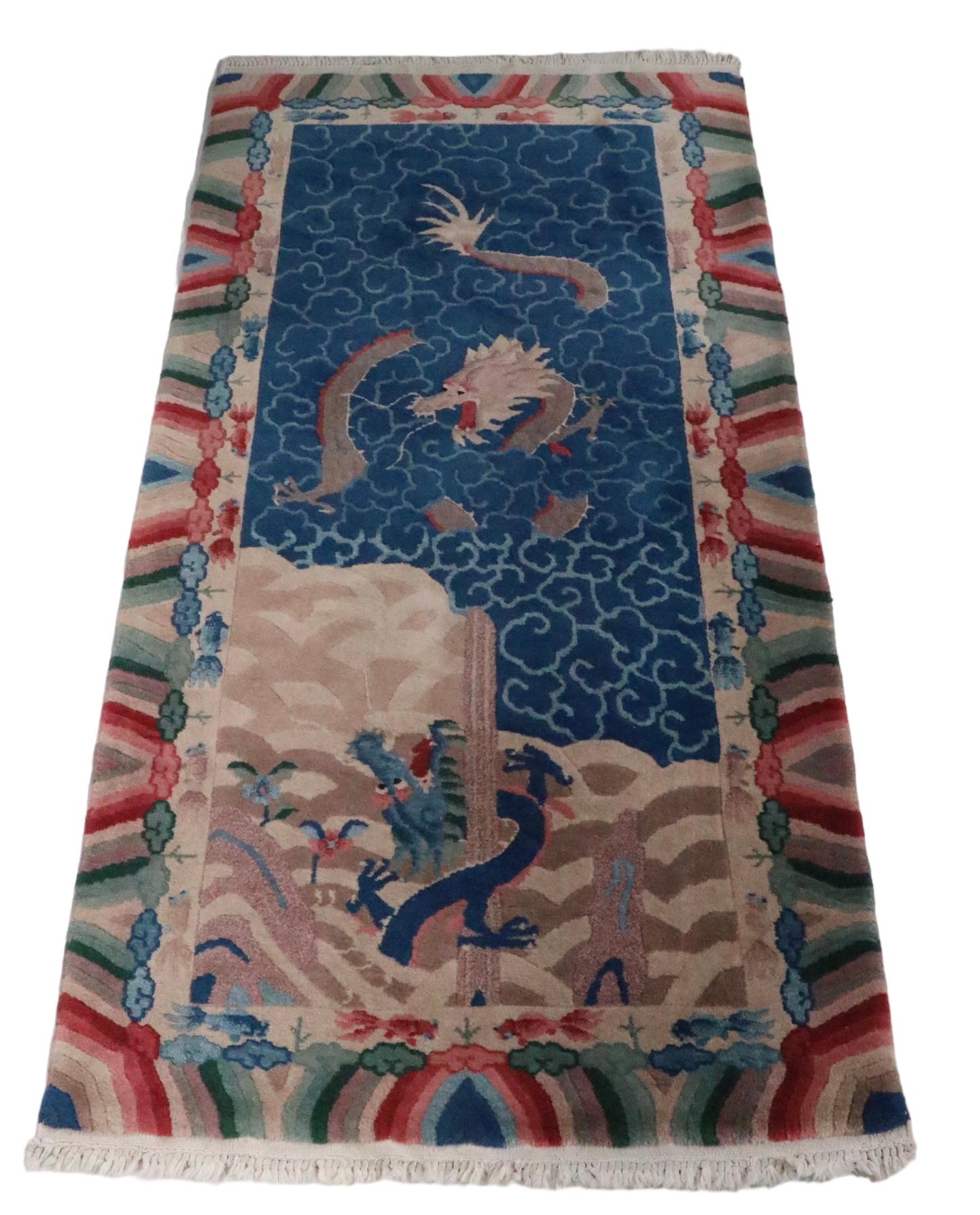  Vintage Chinese Art Deco Area Scatter Rug with Imperial  Dragon Motif For Sale 3