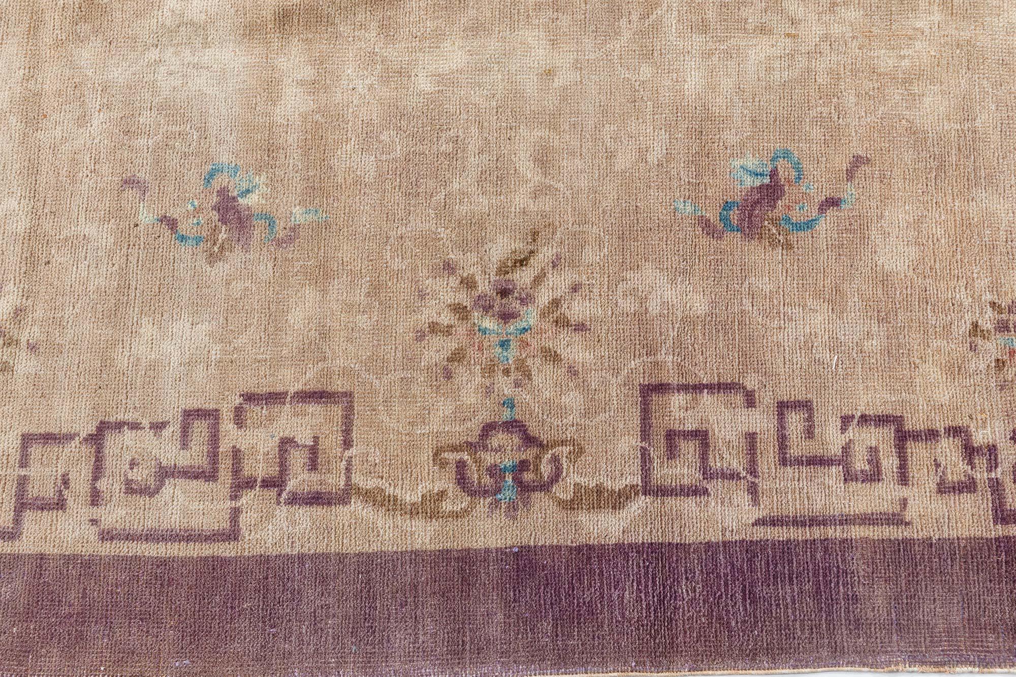 Hand-Woven Vintage Chinese Art Deco Beige Purple Wool Rug For Sale