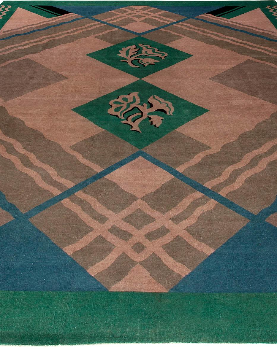 Hand-Woven Vintage Chinese Art Deco Green Handmade Rug For Sale