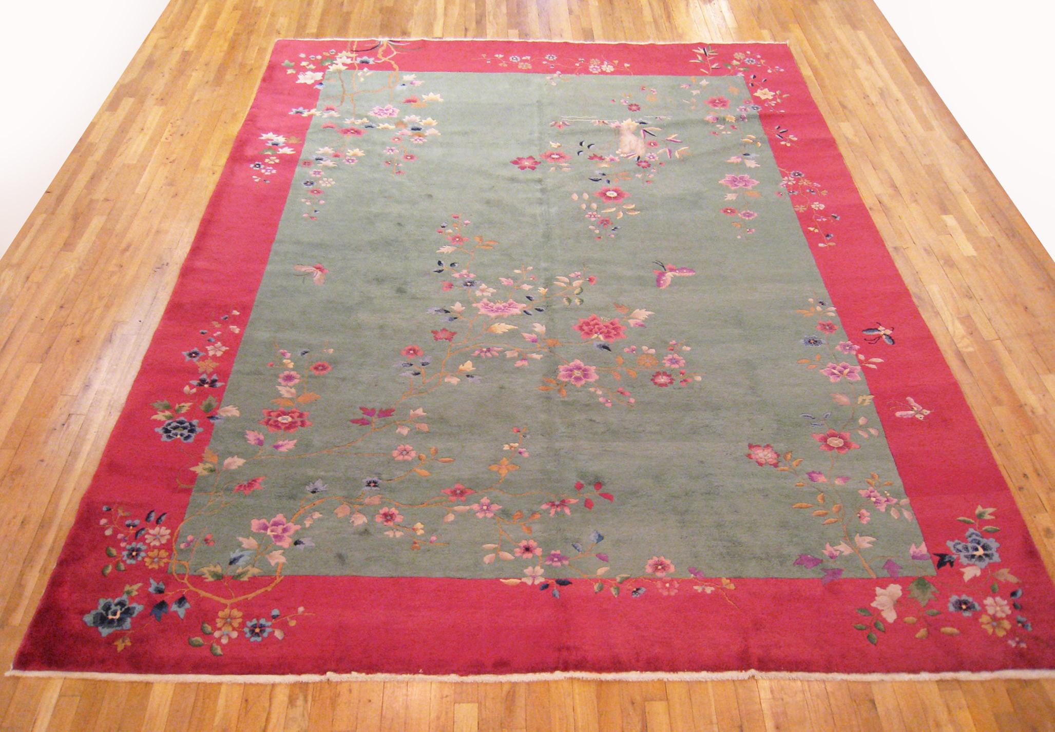 Persian Vintage Chinese Art Deco Oriental Rug, in Room Size, W Open Field and Flowers For Sale