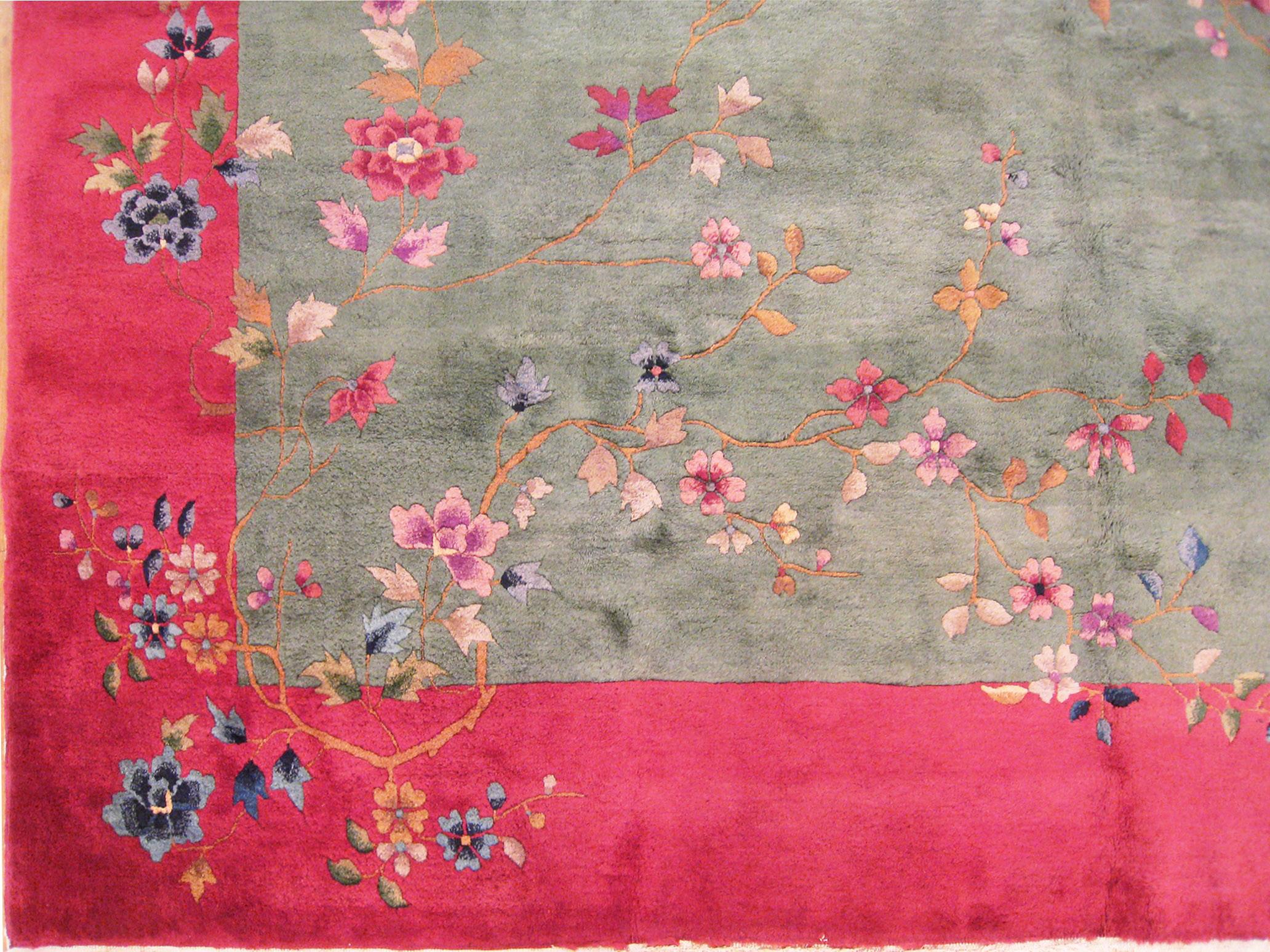 Hand-Knotted Vintage Chinese Art Deco Oriental Rug, in Room Size, W Open Field and Flowers For Sale