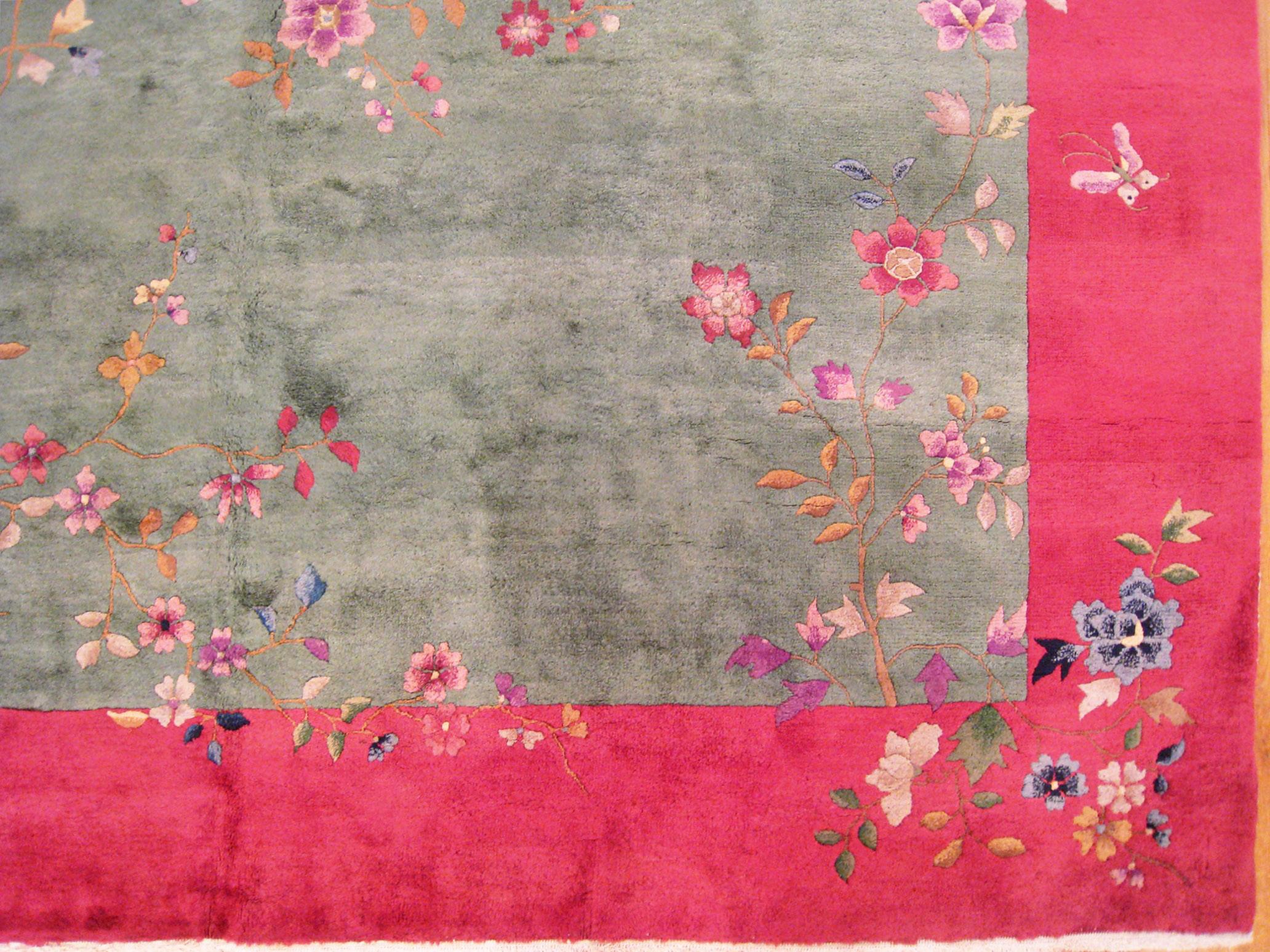 Vintage Chinese Art Deco Oriental Rug, in Room Size, W Open Field and Flowers In Good Condition For Sale In New York, NY