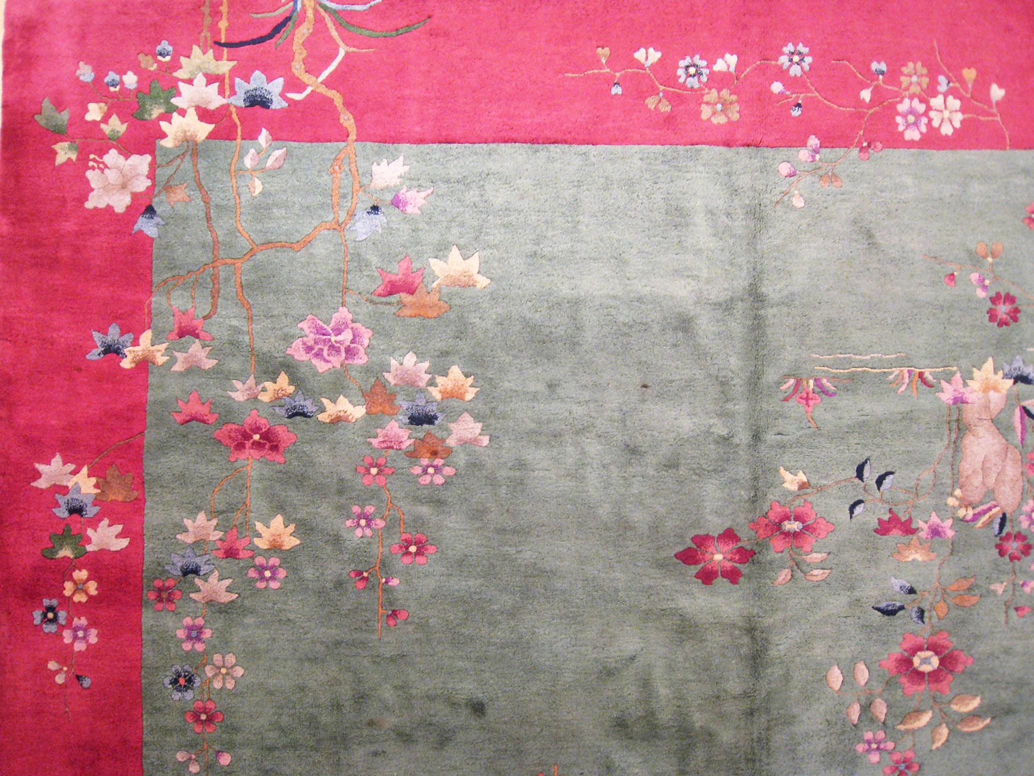 Wool Vintage Chinese Art Deco Oriental Rug, in Room Size, W Open Field and Flowers For Sale