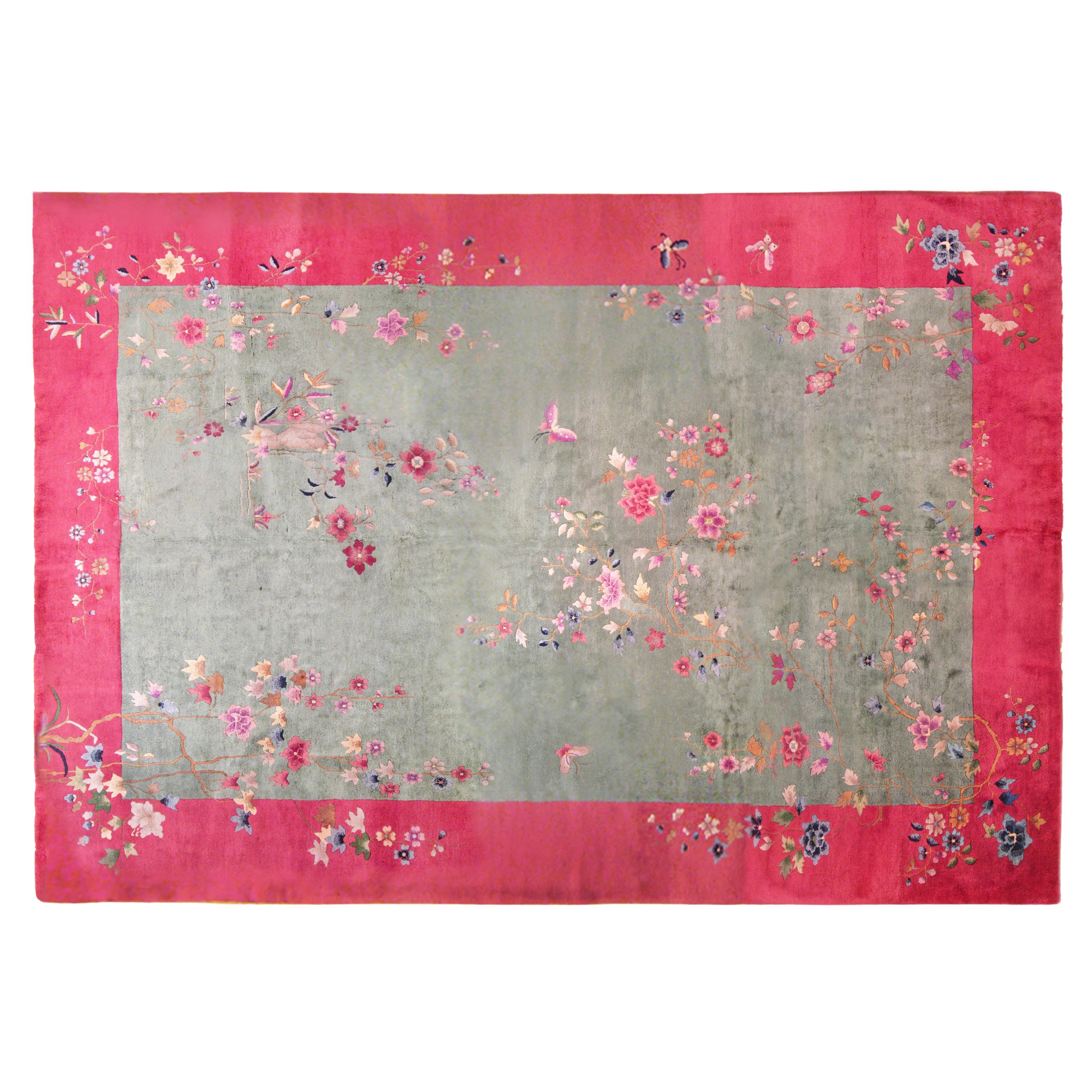 Vintage Chinese Art Deco Oriental Rug, in Room Size, W Open Field and Flowers For Sale