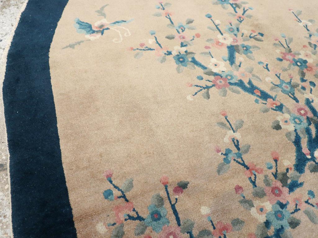 Hand-Knotted Vintage Chinese Art Deco Oval Accent Rug For Sale