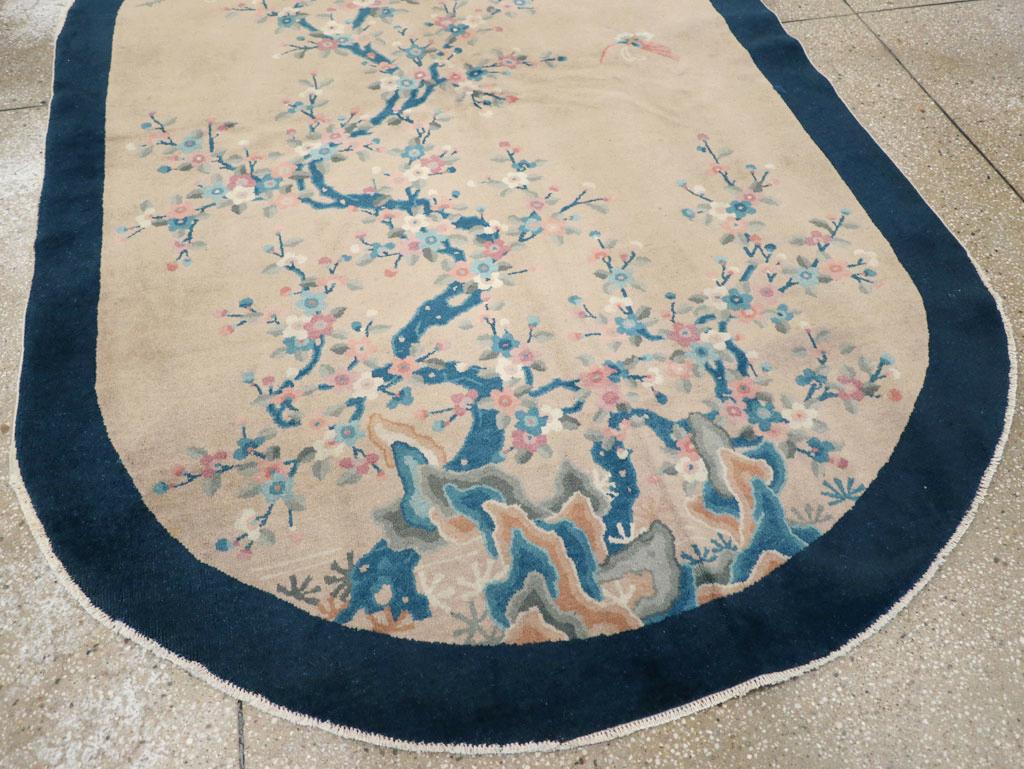 Wool Vintage Chinese Art Deco Oval Accent Rug For Sale