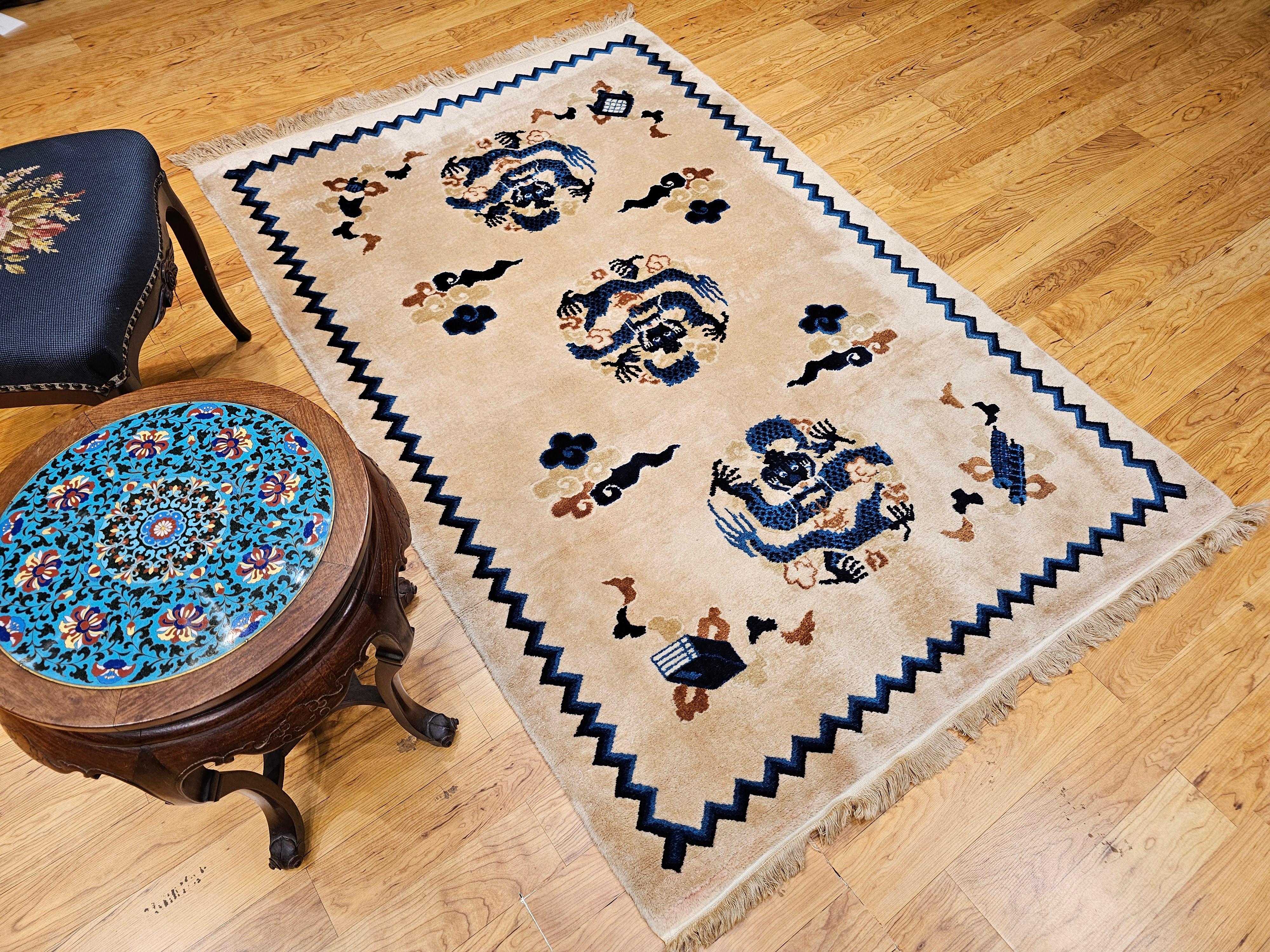 Vintage Chinese Art Deco Rug Area Rug with Dragons and Good Fortune Symbols For Sale 4