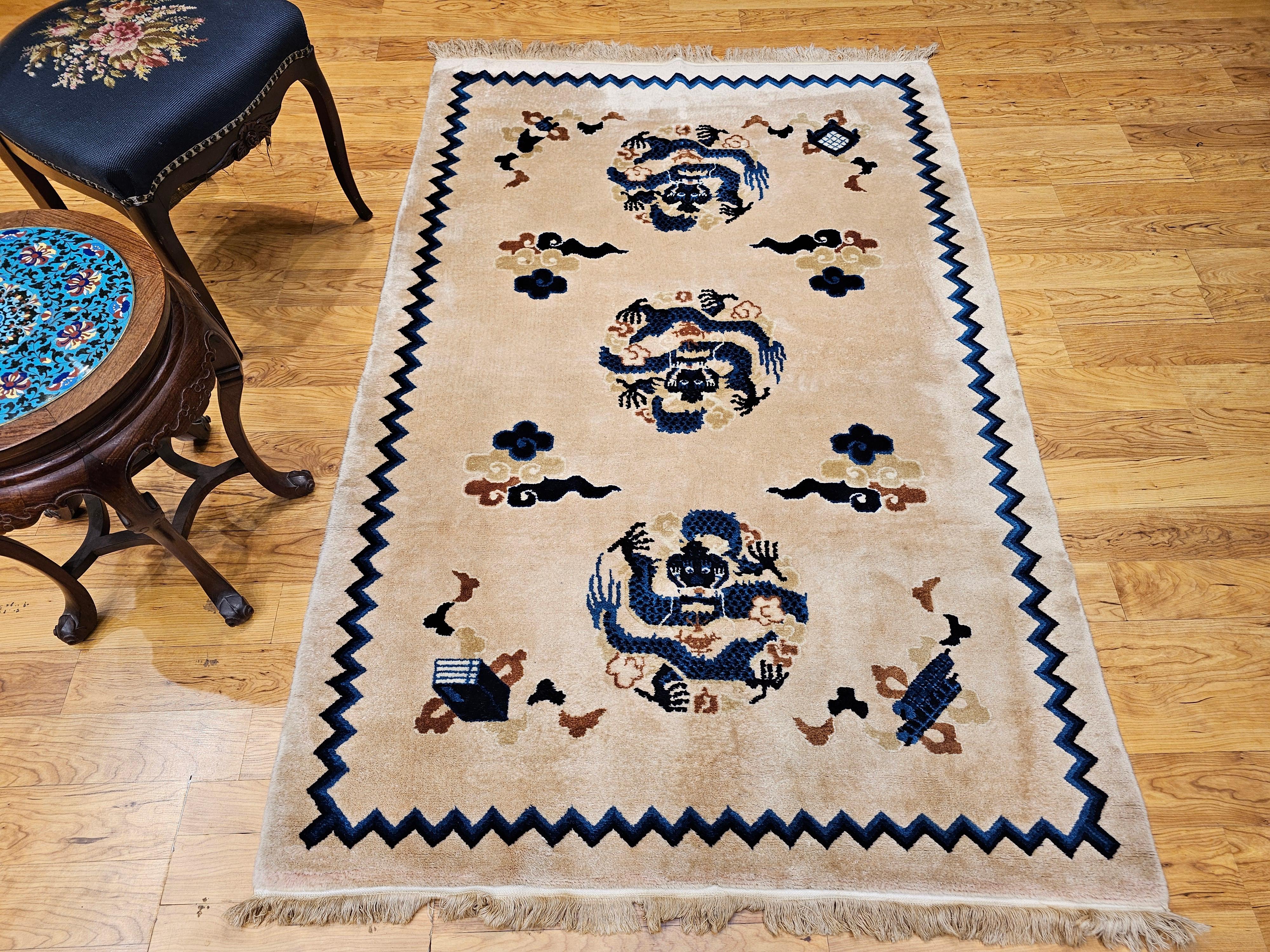 Vintage Chinese Art Deco Rug Area Rug with Dragons and Good Fortune Symbols For Sale 5