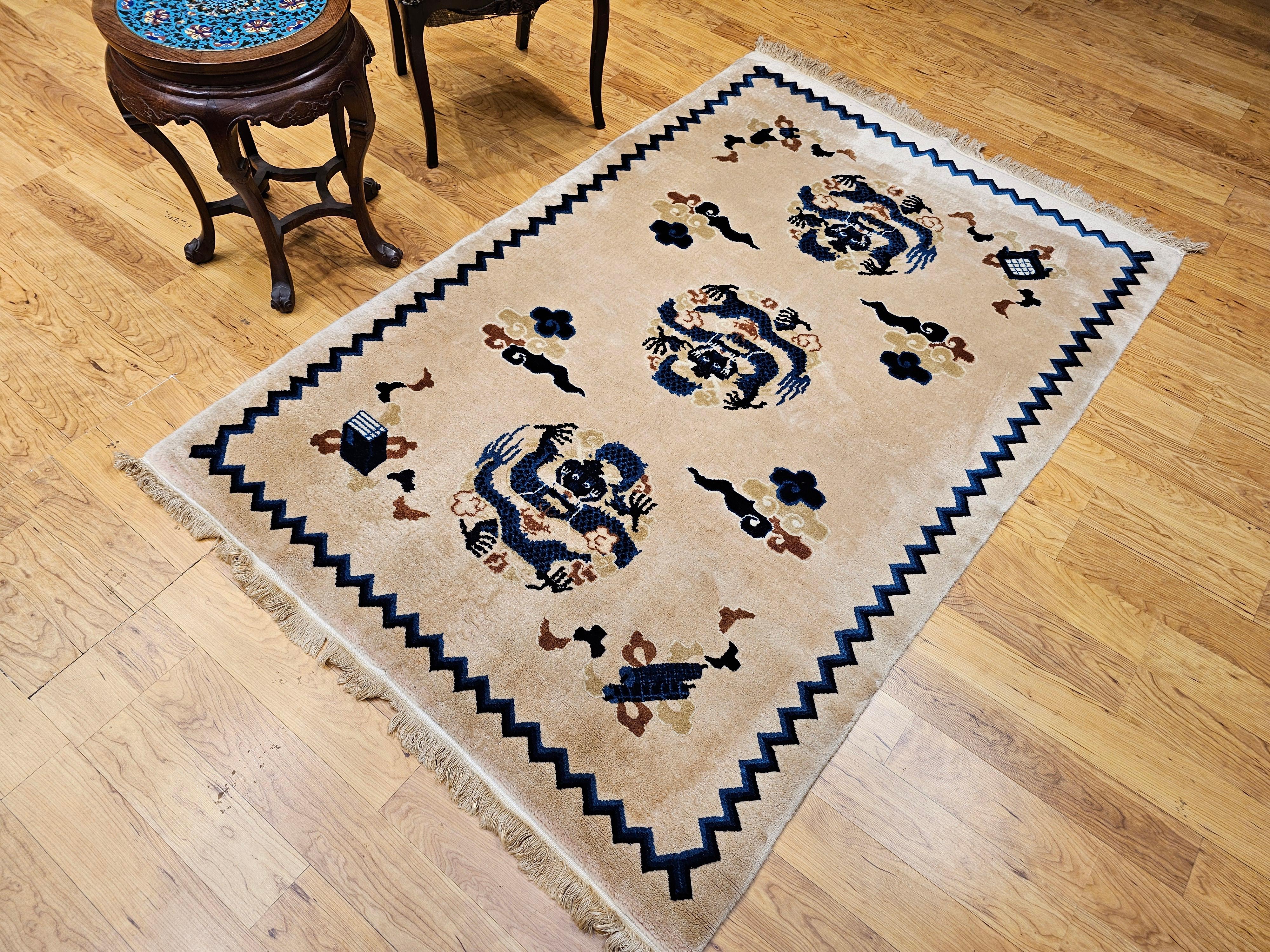Vintage Chinese Art Deco Rug Area Rug with Dragons and Good Fortune Symbols For Sale 6
