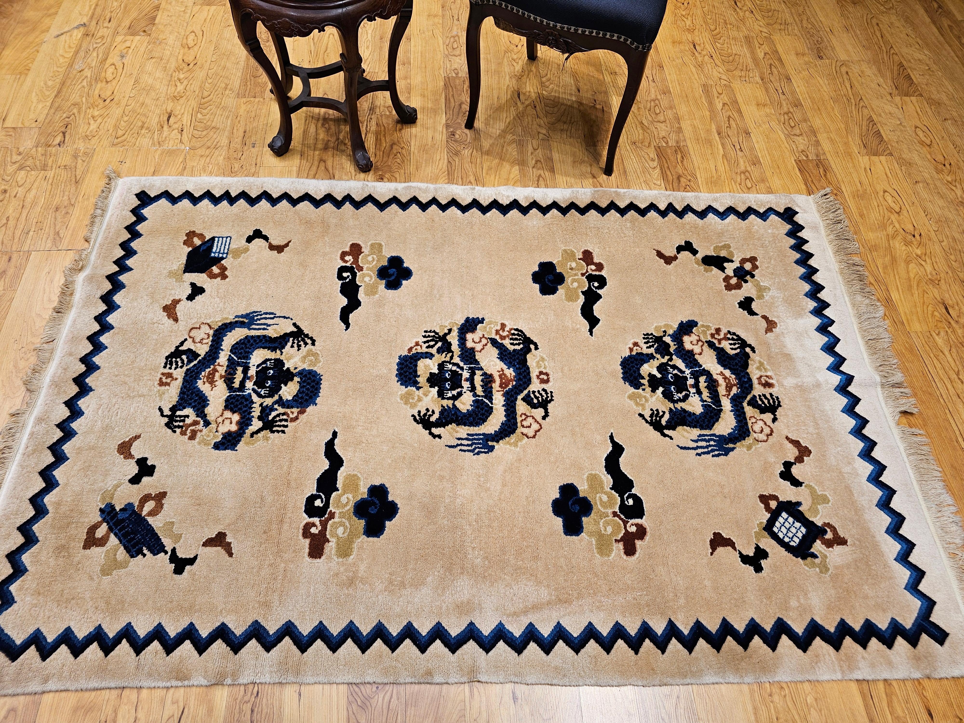 Vintage Chinese Art Deco Rug Area Rug with Dragons and Good Fortune Symbols For Sale 7