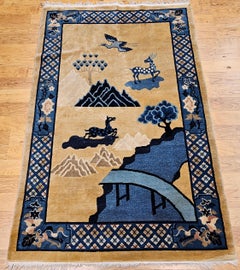 Vintage Chinese Art Deco Pictorial Rug in Tan Field and Pale Blue Lattice Border