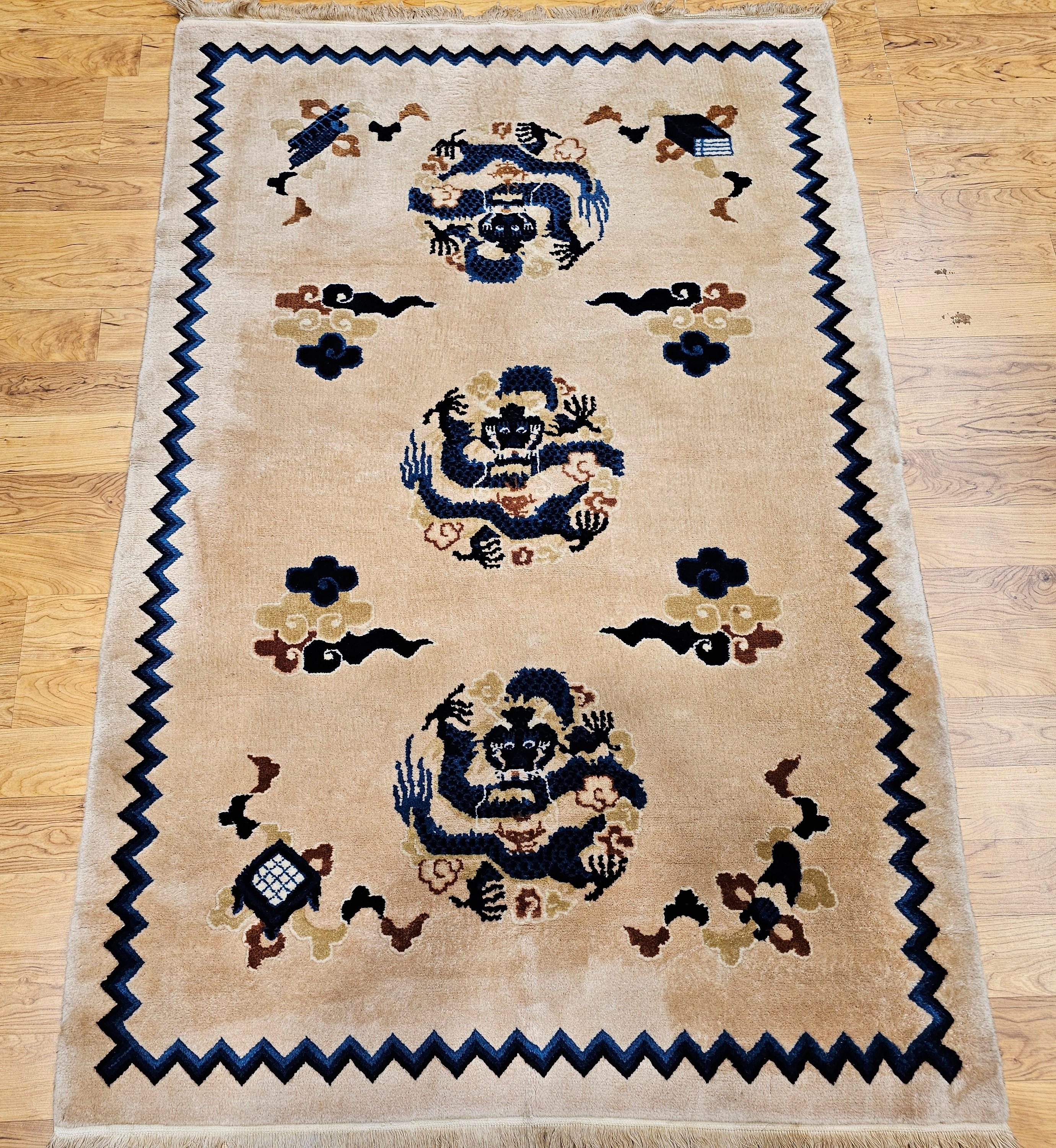 Vintage Chinese Art Deco area rug, a rare and refined piece that effortlessly merges cultural symbolism with timeless elegance. Designed for discerning collectors and connoisseurs of fine interiors, this rug is more than décor—it’s an