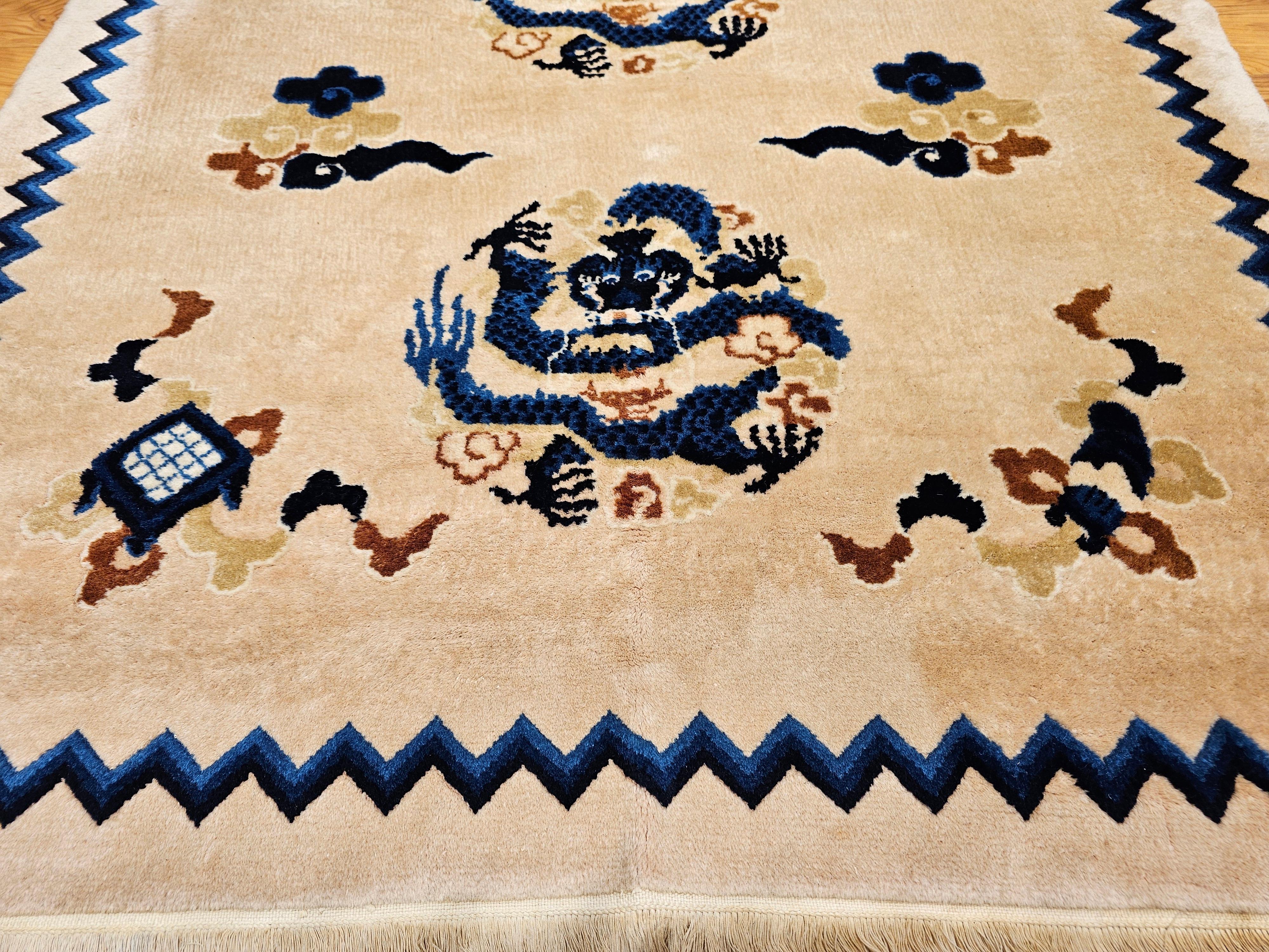 Hand-Woven Vintage Chinese Art Deco Rug Area Rug with Dragons and Good Fortune Symbols For Sale