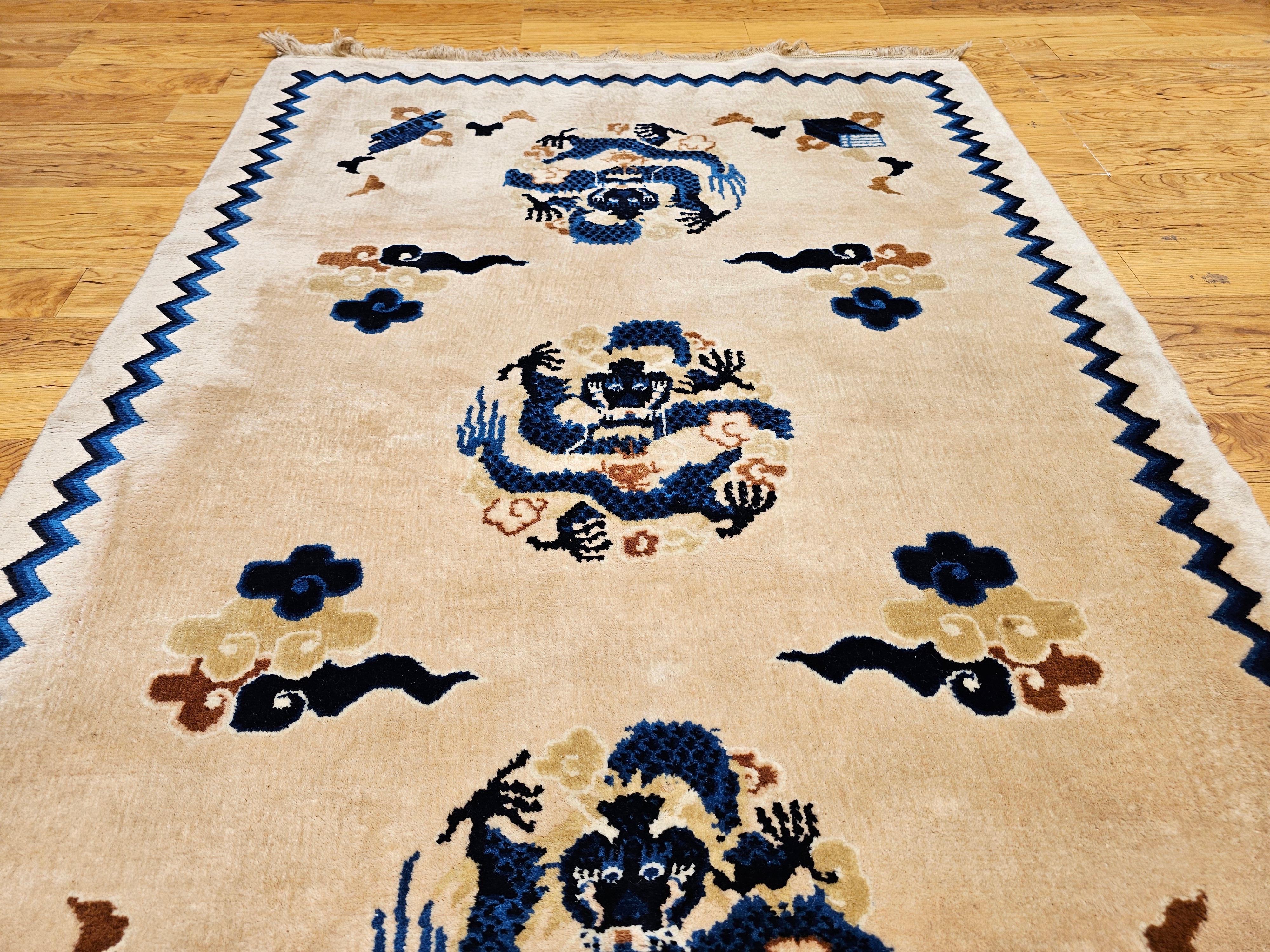 Vintage Chinese Art Deco Rug Area Rug with Dragons and Good Fortune Symbols In Good Condition For Sale In Barrington, IL