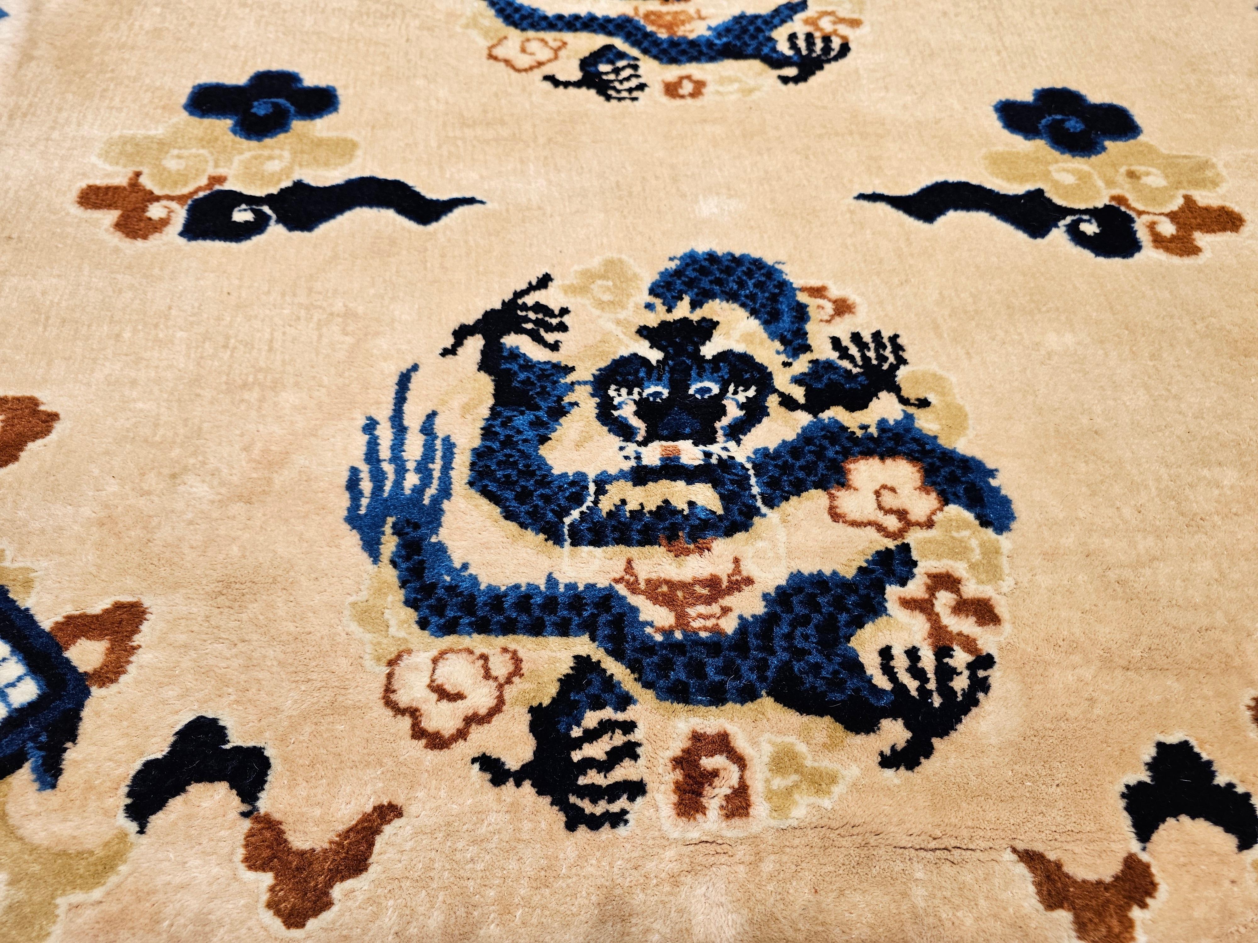 Wool Vintage Chinese Art Deco Rug Area Rug with Dragons and Good Fortune Symbols For Sale