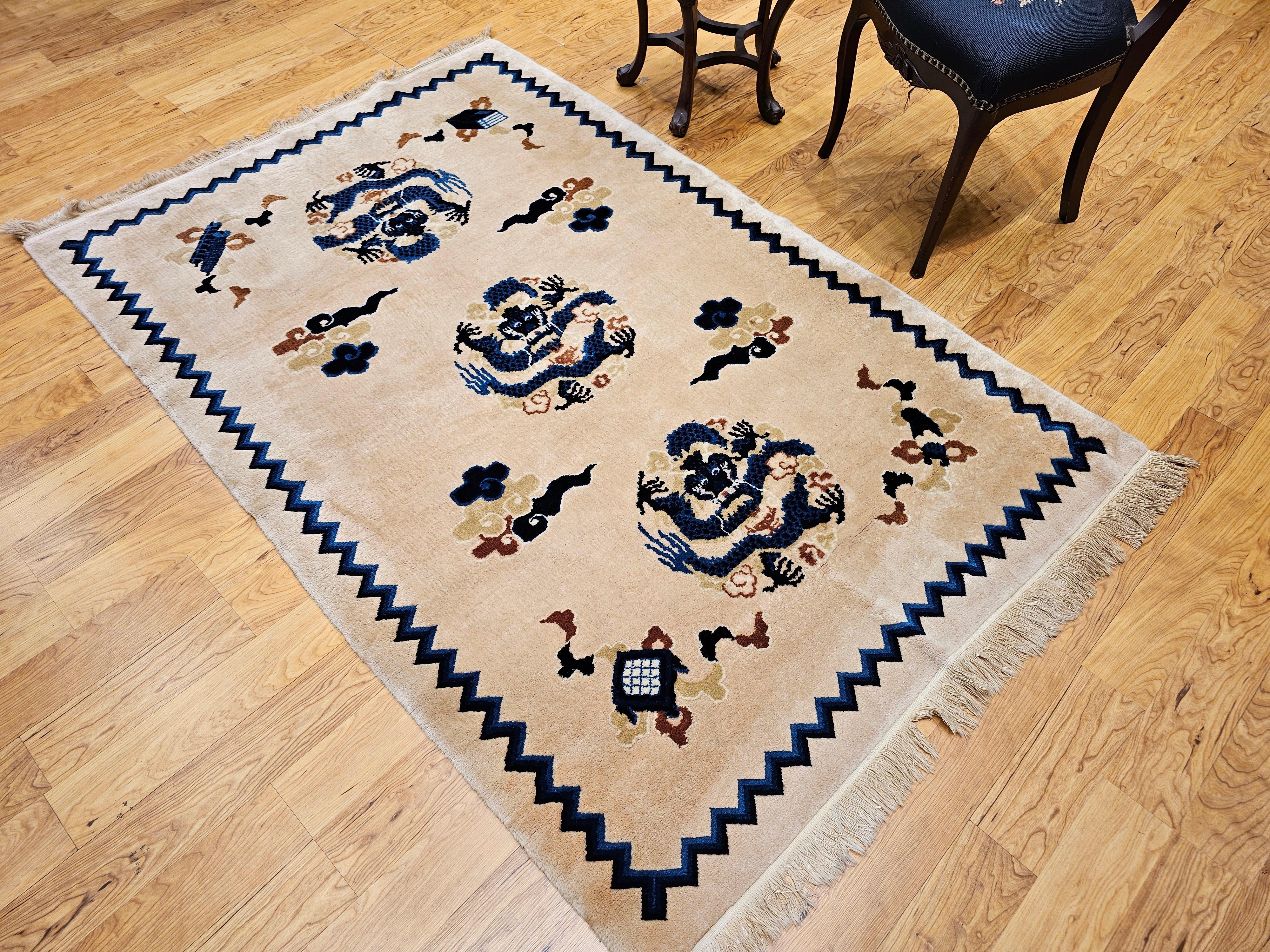 Vintage Chinese Art Deco Rug Area Rug with Dragons and Good Fortune Symbols For Sale 1