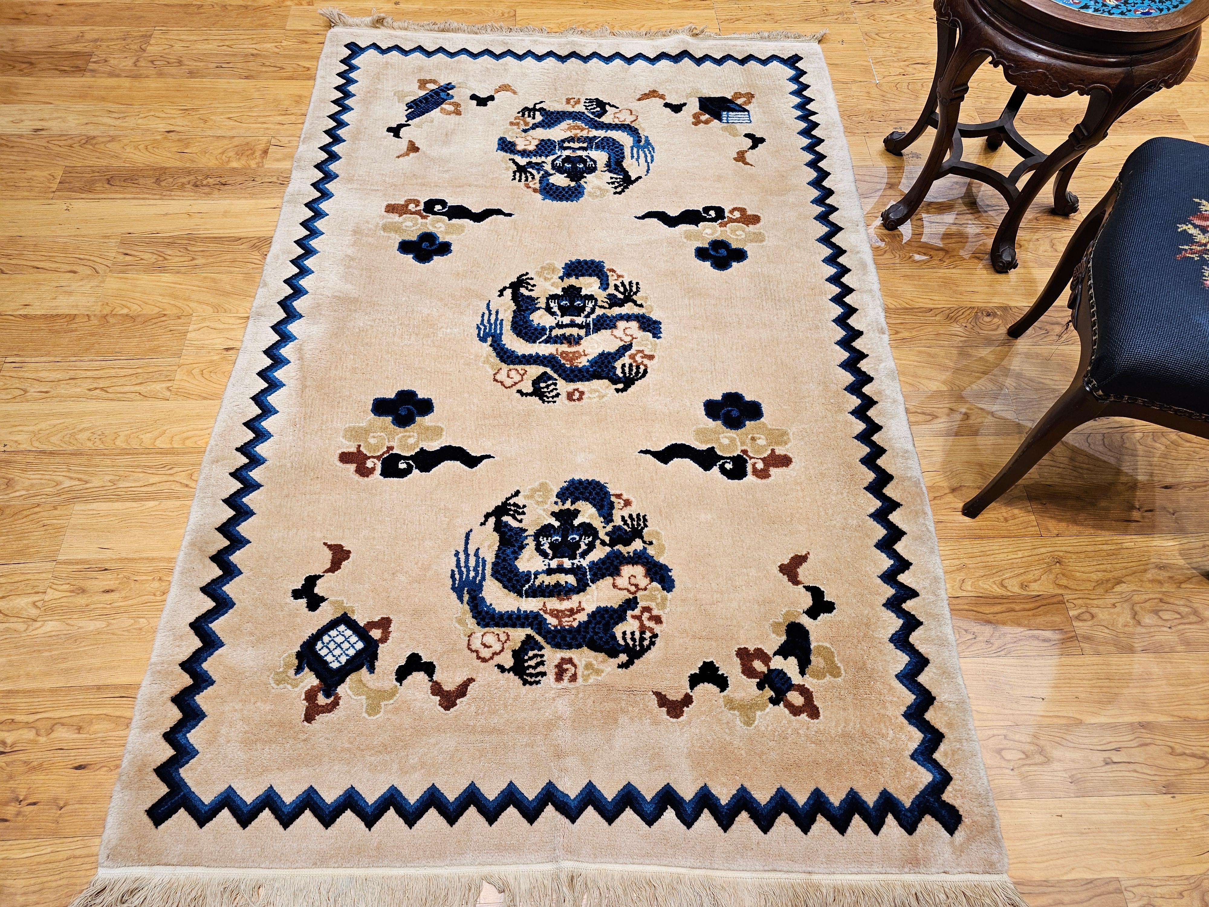 Vintage Chinese Art Deco Rug Area Rug with Dragons and Good Fortune Symbols For Sale 2