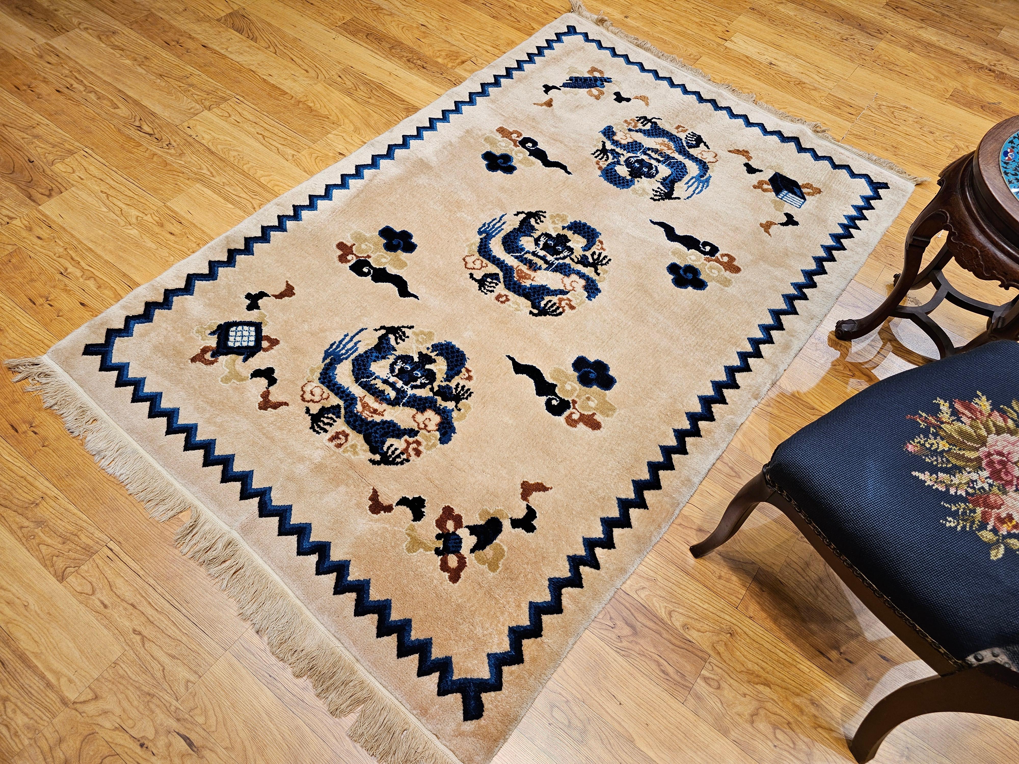 Vintage Chinese Art Deco Rug Area Rug with Dragons and Good Fortune Symbols For Sale 3