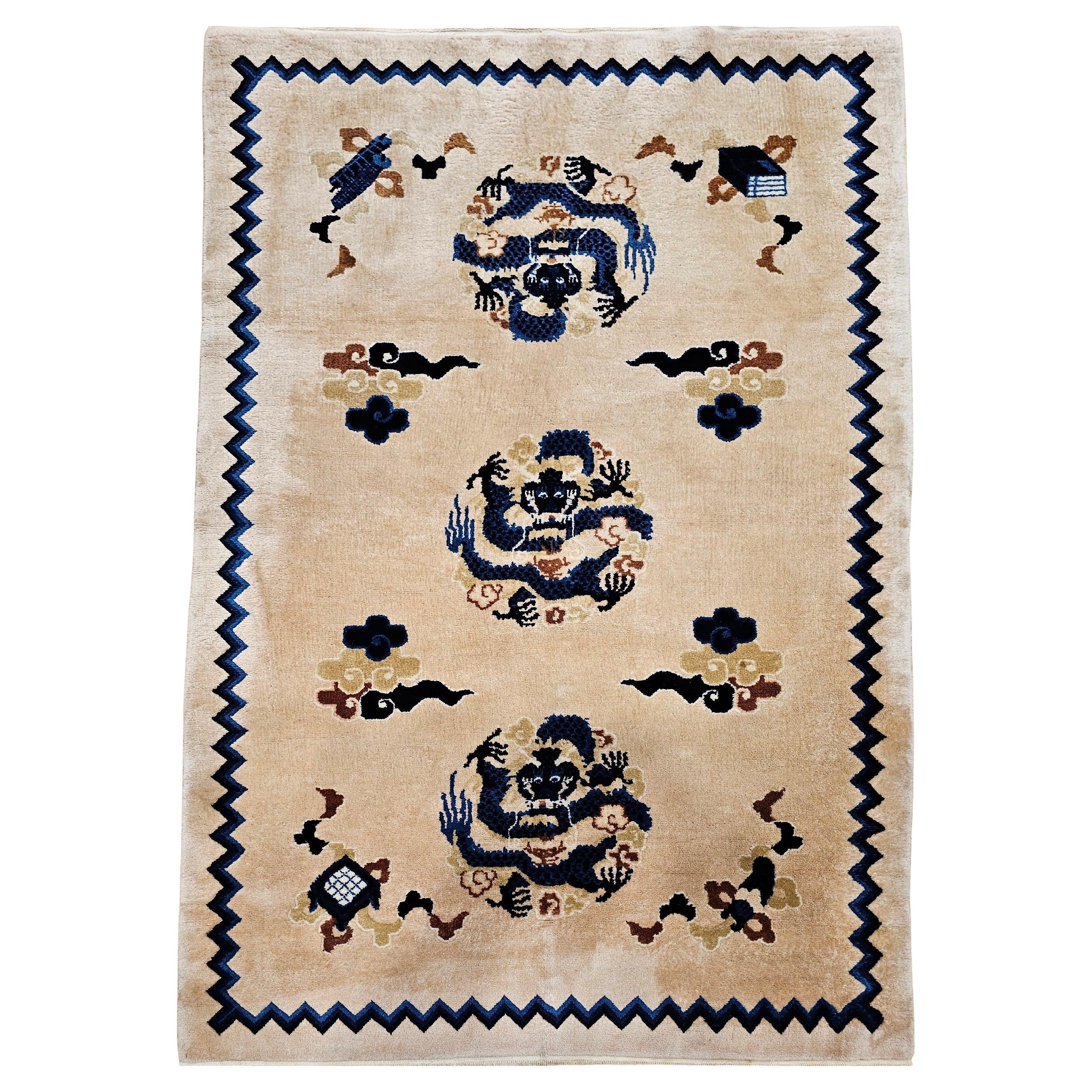 Vintage Chinese Art Deco Rug Area Rug with Dragons and Good Fortune Symbols