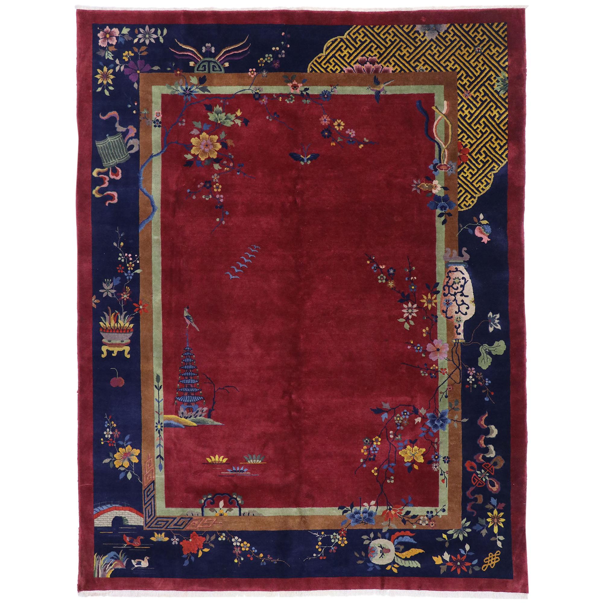 Tapis pictural Art Déco chinois ancien inspiré par Walter Nichols en vente