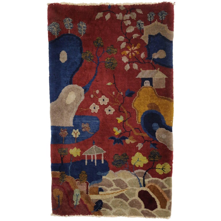 Vintage Chinese Art Deco Pictorial, Maximalism Tapestry Wall Hanging at